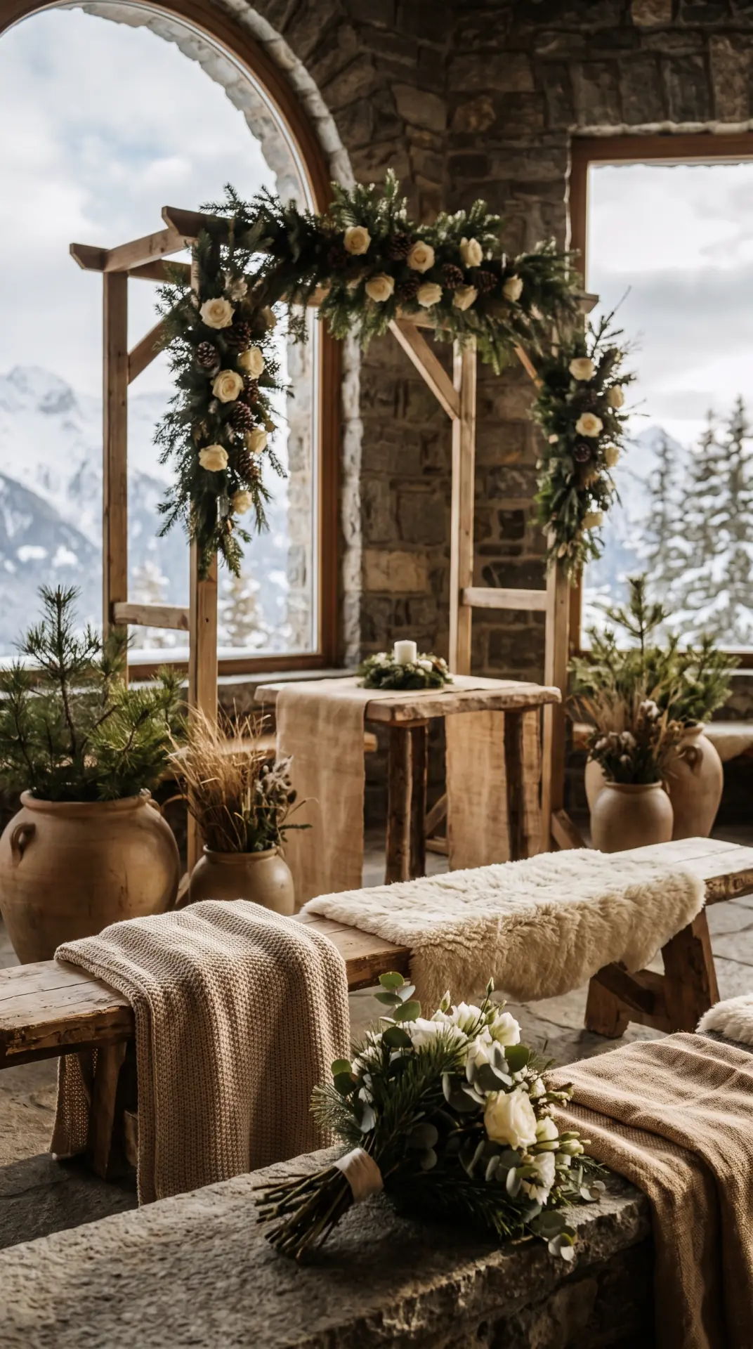 25 Seasonal Real Wedding Inspiration for Every Kind of Celebration 26 Alpine Winter Wedding With Pine and Warm Neutrals: An alpine winter wedding feels cozy and refined with pine greenery, warm beige textiles, creamy flowers, and rustic stone or wood surroundings. Evergreen branches provide structured texture while layered neutral fabrics soften the setting and create a comfortable contrast with snowy outdoor scenery. ...