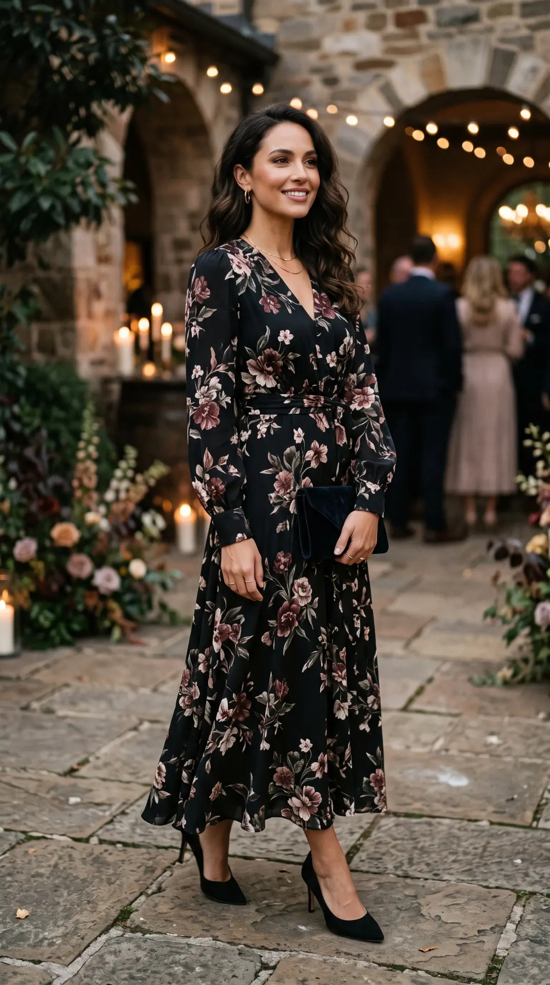 27 Seasonal Wedding Guest Outfit Ideas: Chic Looks for Every Season 15 Black Floral Long-Sleeve Dress