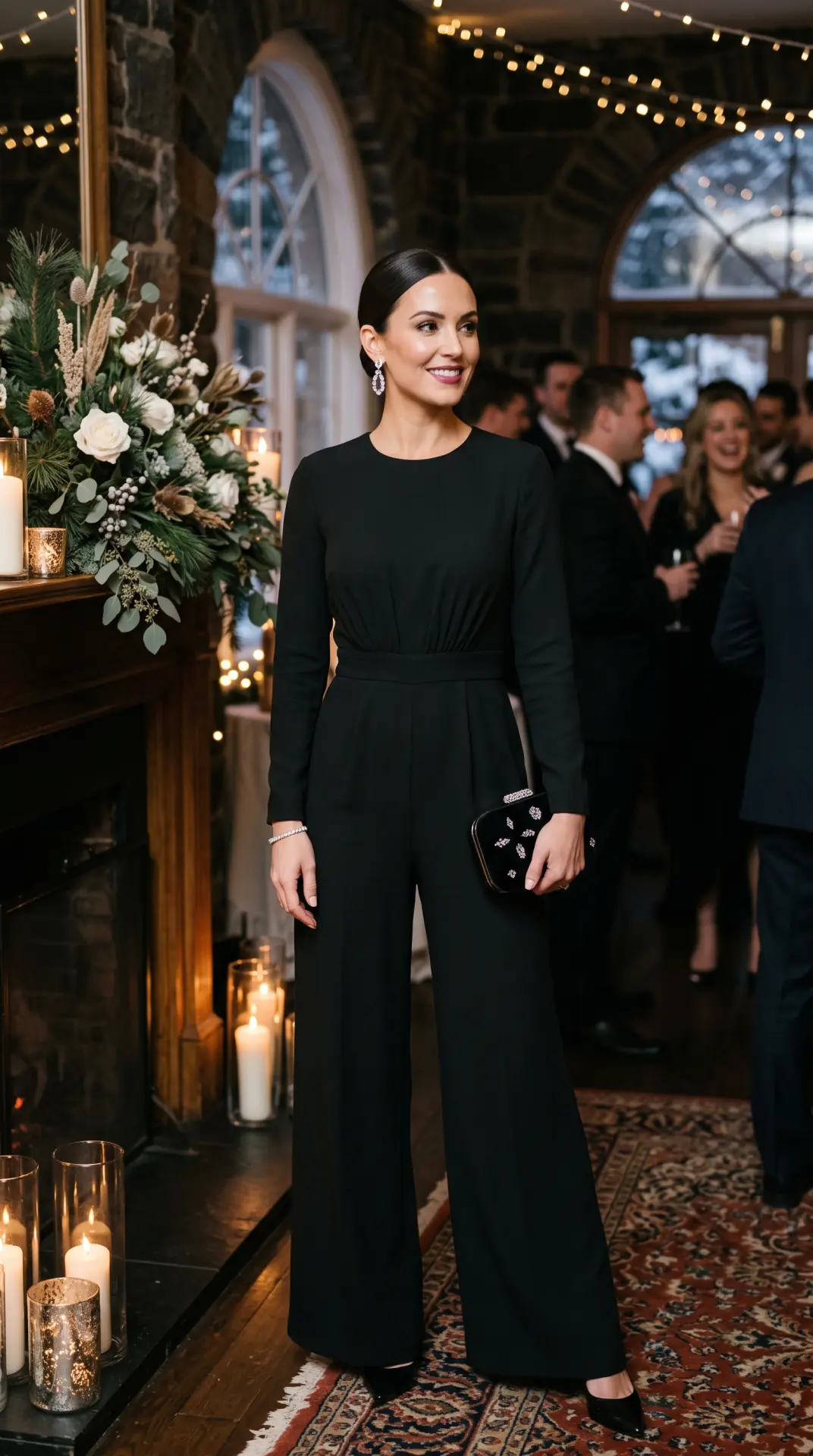 27 Seasonal Wedding Guest Outfit Ideas: Chic Looks for Every Season 28 Black Long-Sleeve Jumpsuit With Crystal Accessories