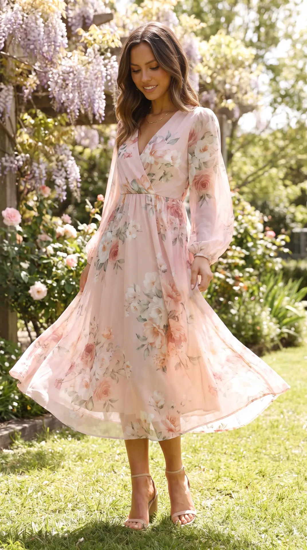 27 Seasonal Wedding Guest Outfit Ideas: Chic Looks for Every Season 2 Blush Floral Midi Dress With Soft Draping