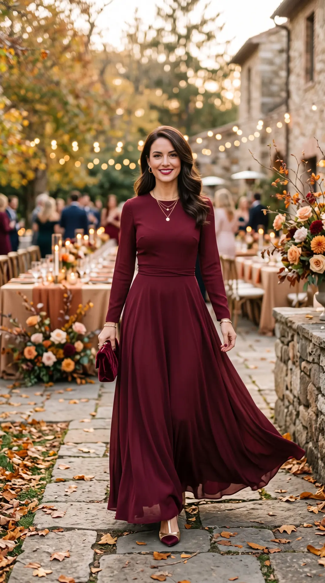27 Seasonal Wedding Guest Outfit Ideas: Chic Looks for Every Season 9 Burgundy Long-Sleeve Maxi Dress