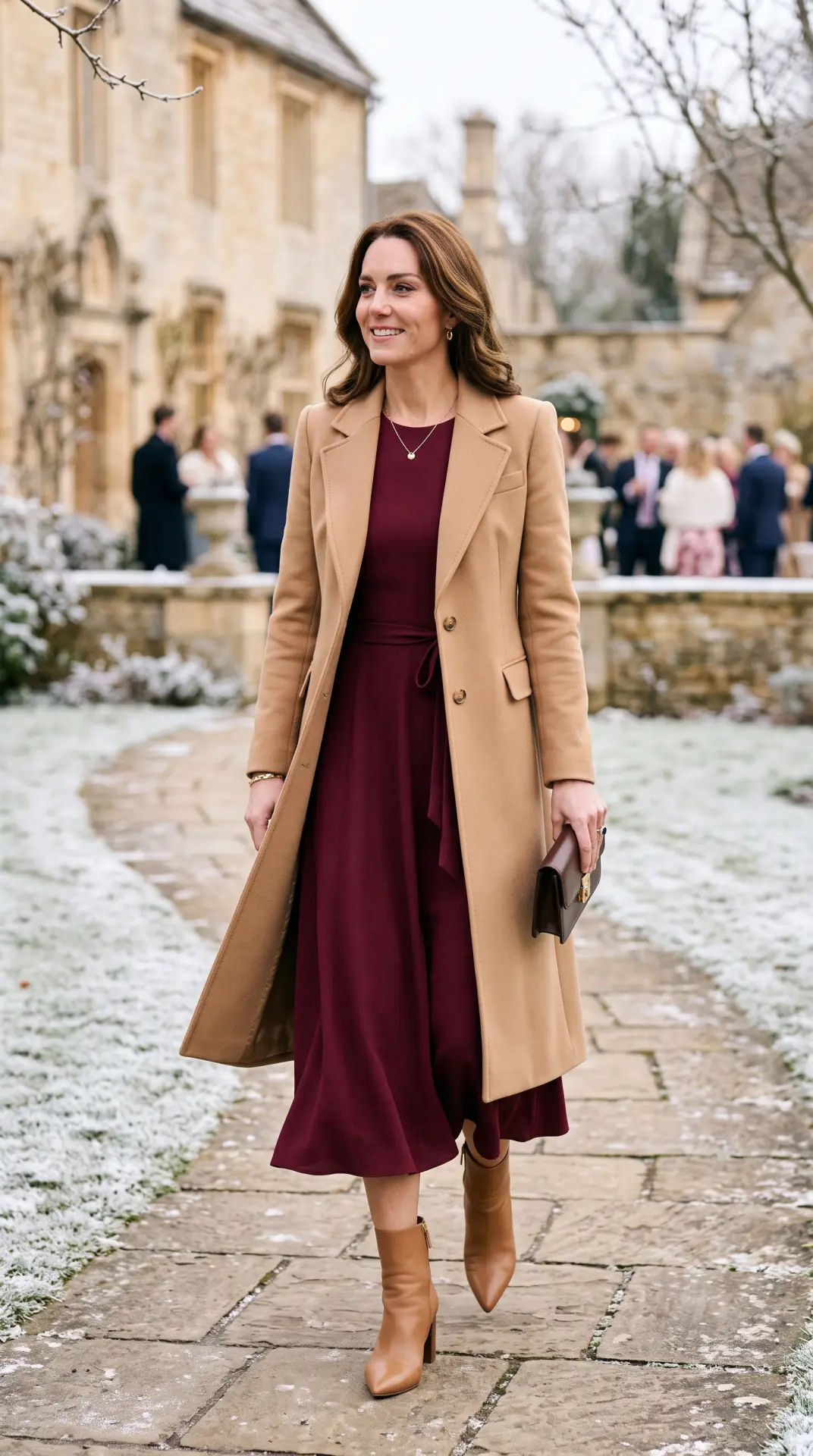 20 Cold Weather Wedding Guest Outfit: Chic Looks That Keep You Warm 15 Burgundy Midi Dress With Camel Coat