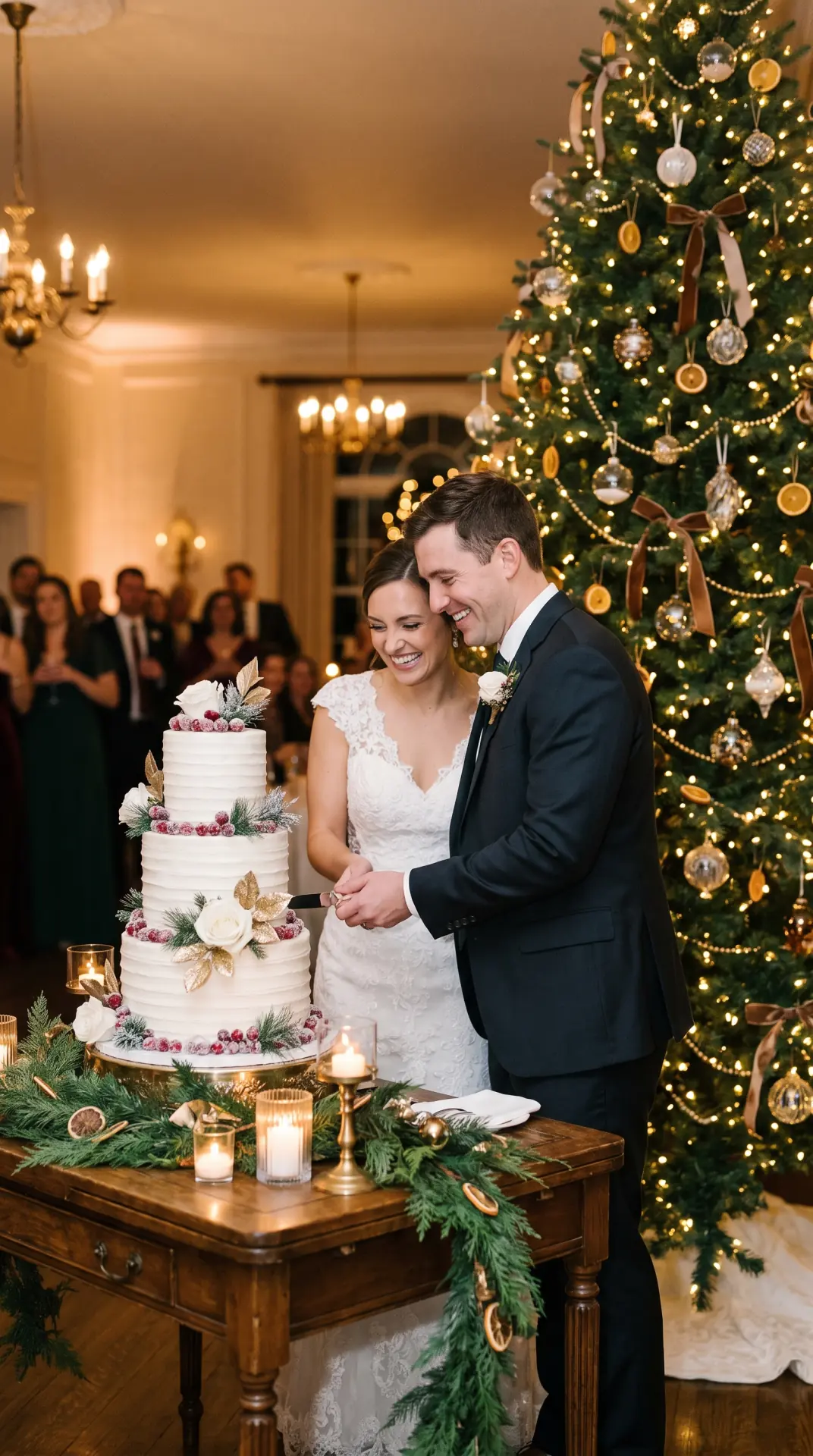 Cake Cutting Beside a Decorated Christmas Tree