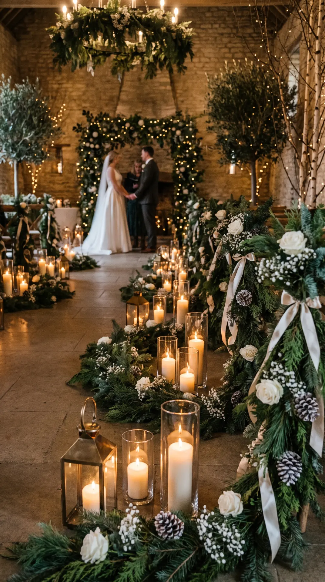 Candlelit Ceremony With Evergreen Aisle Decor