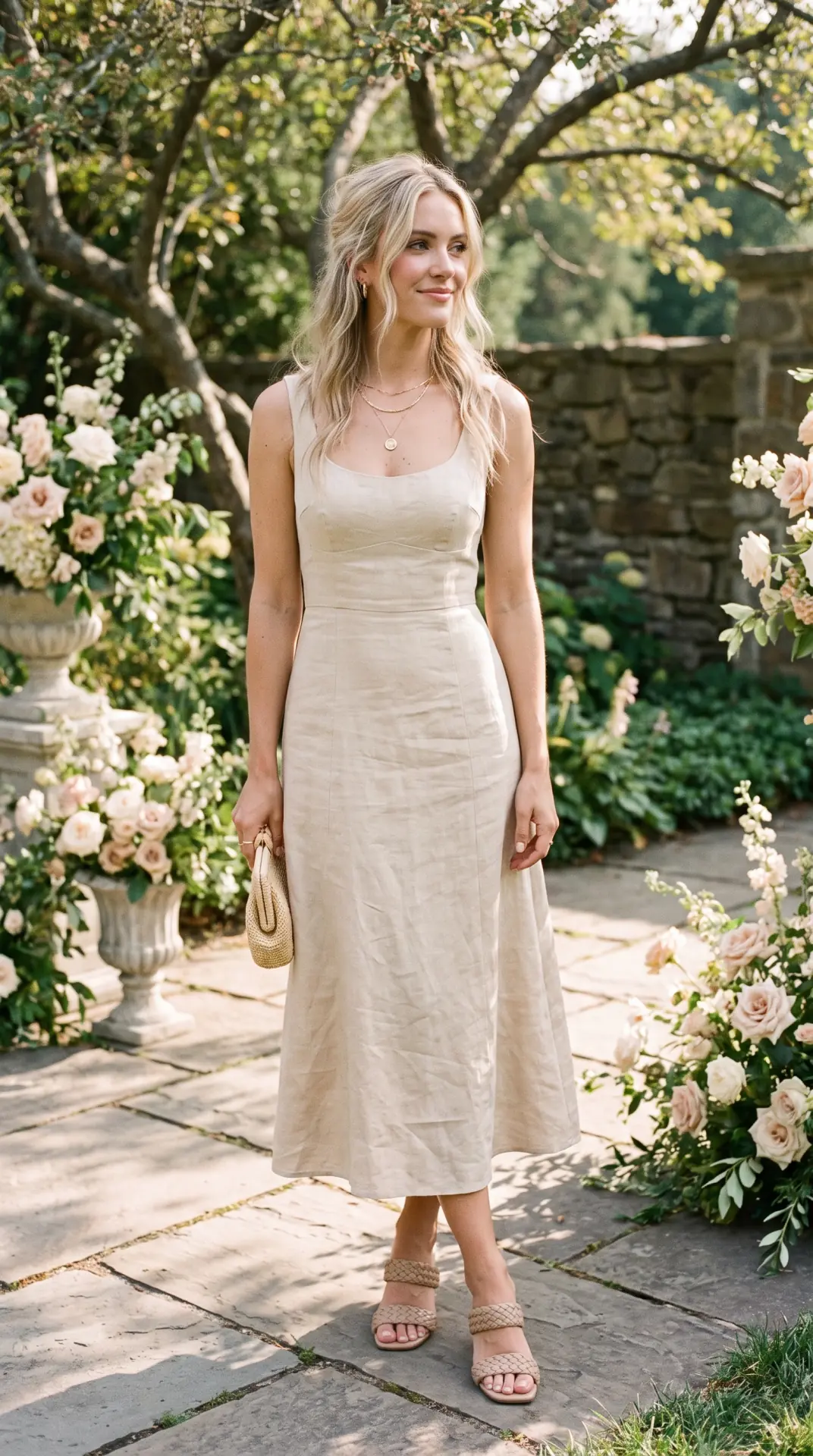 27 Seasonal Wedding Guest Outfit Ideas: Chic Looks for Every Season 6 Champagne Linen-Blend Midi Dress
