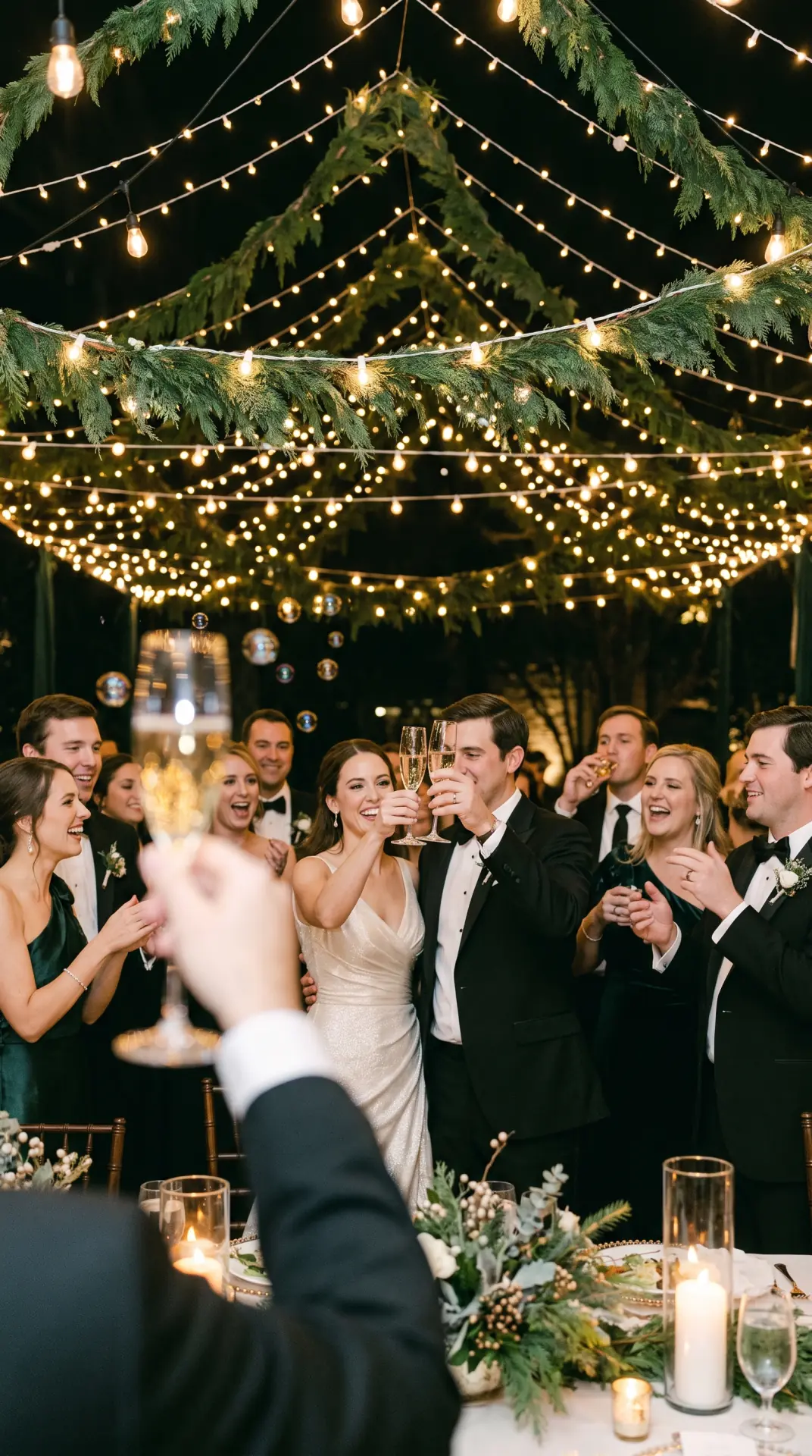 Champagne Toast Beneath Holiday Lights