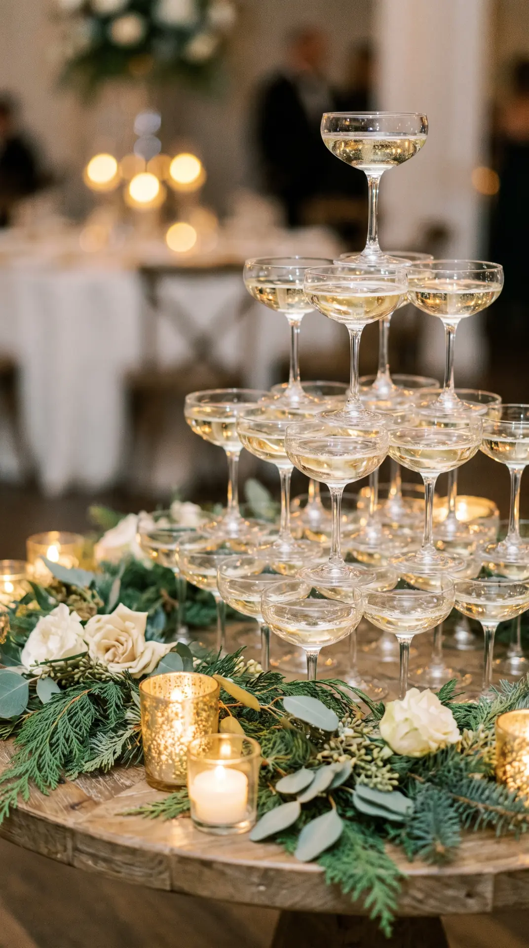 27 December Wedding Ideas That Make Winter Feel Magical 18 Champagne Tower With Winter Greenery