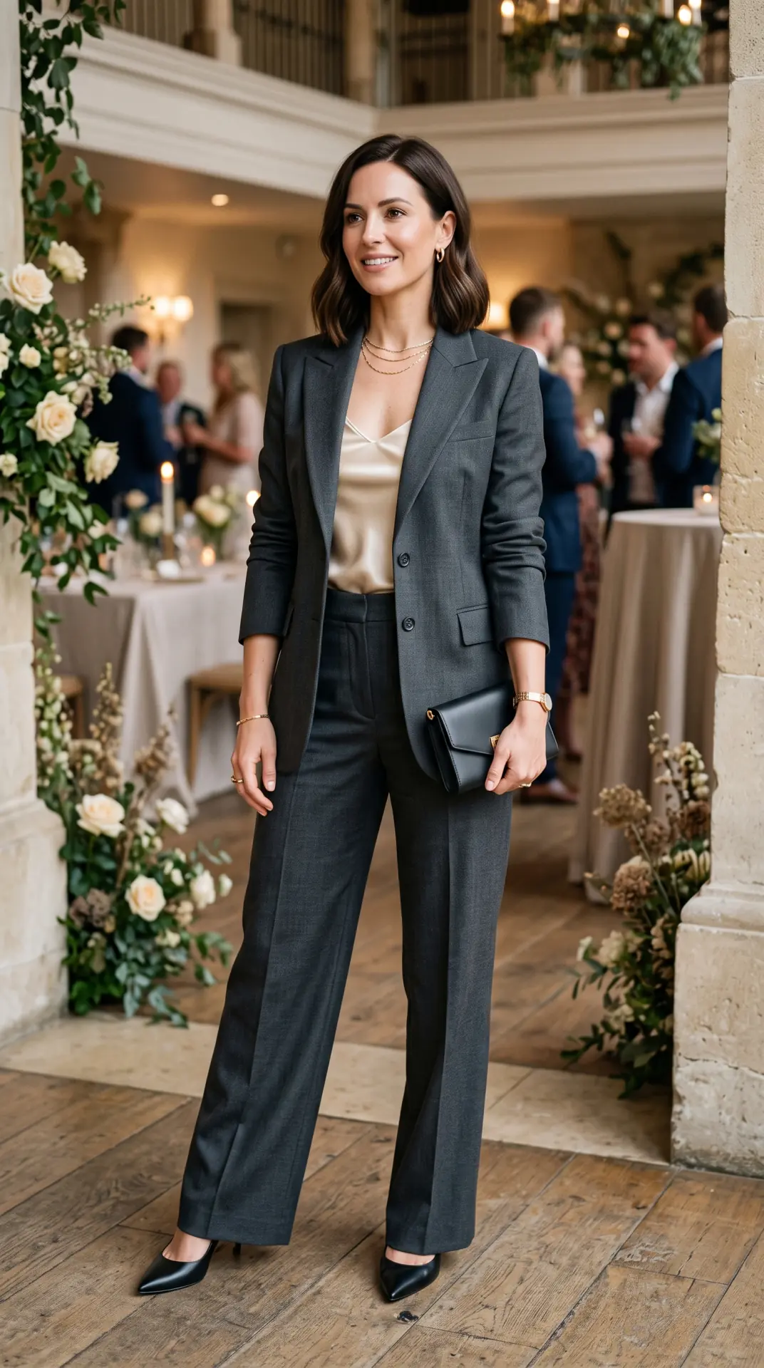 27 Seasonal Wedding Guest Outfit Ideas: Chic Looks for Every Season 26 Charcoal Tailored Suit With Satin Camisole
