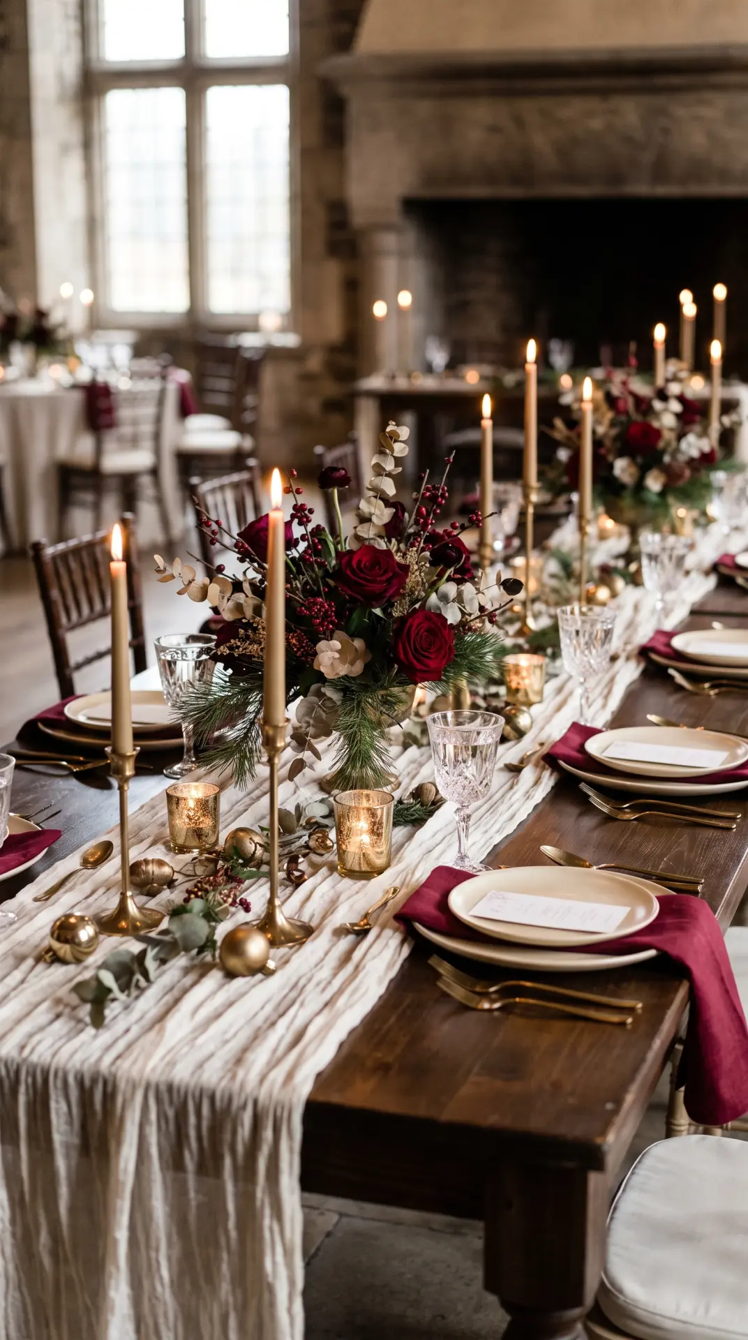 Cranberry, Ivory, and Brass Tablescape