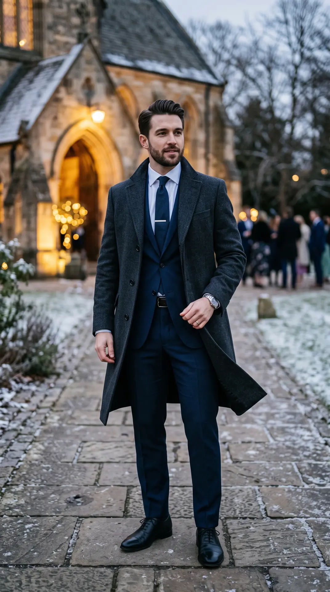 20 Cold Weather Wedding Guest Outfit: Chic Looks That Keep You Warm 14 Dark Suit With a Wool Overcoat