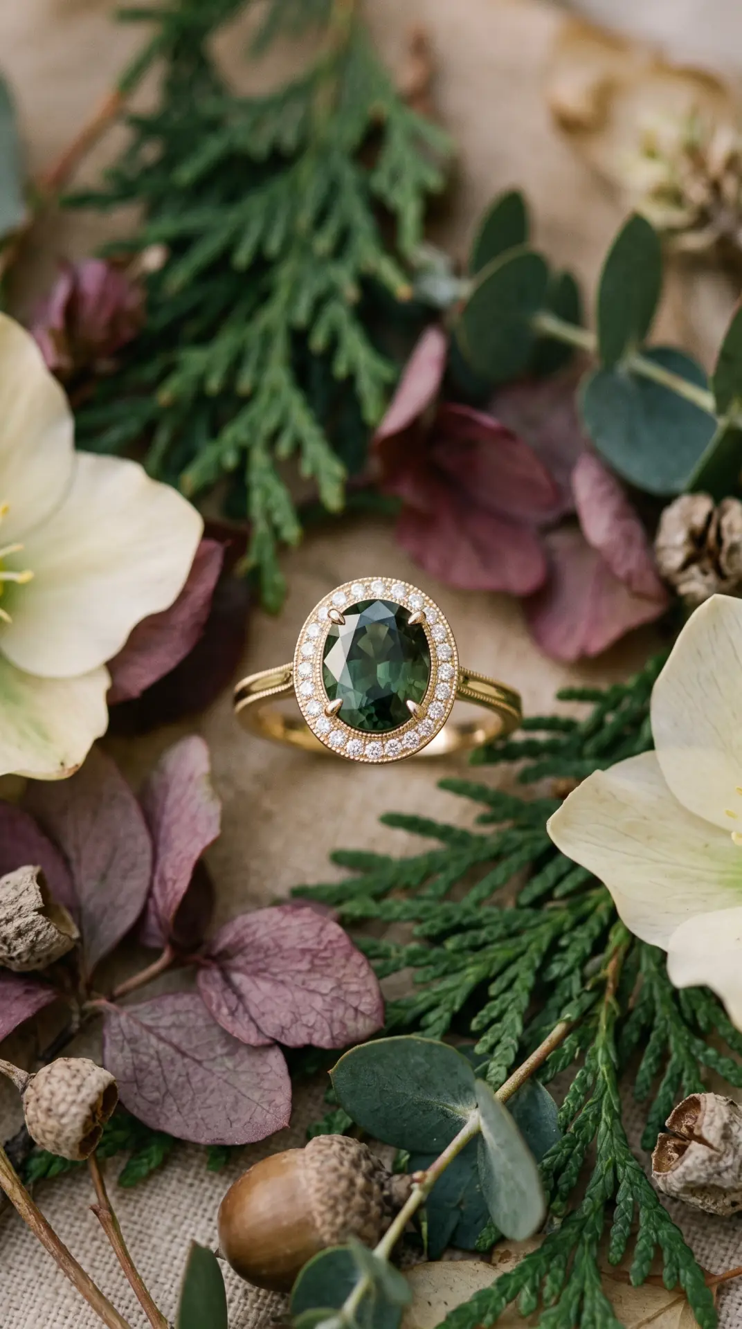 Deep Green Sapphire With Vintage-Inspired Halo