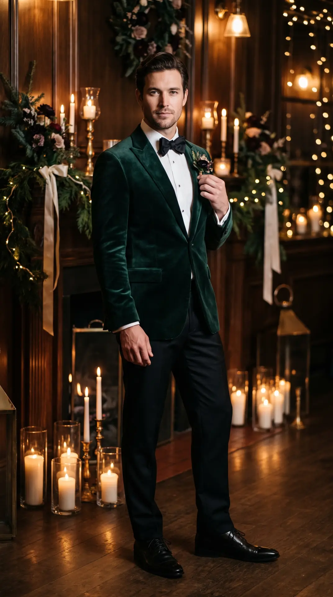 Deep Green Velvet Blazer With Black Trousers
