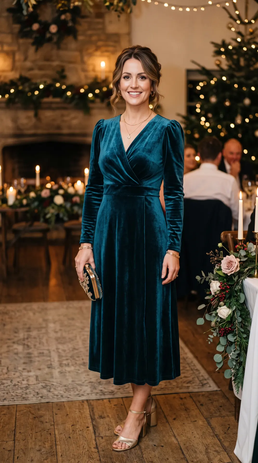 27 Seasonal Wedding Guest Outfit Ideas: Chic Looks for Every Season 18 Deep Teal Velvet Midi Dress