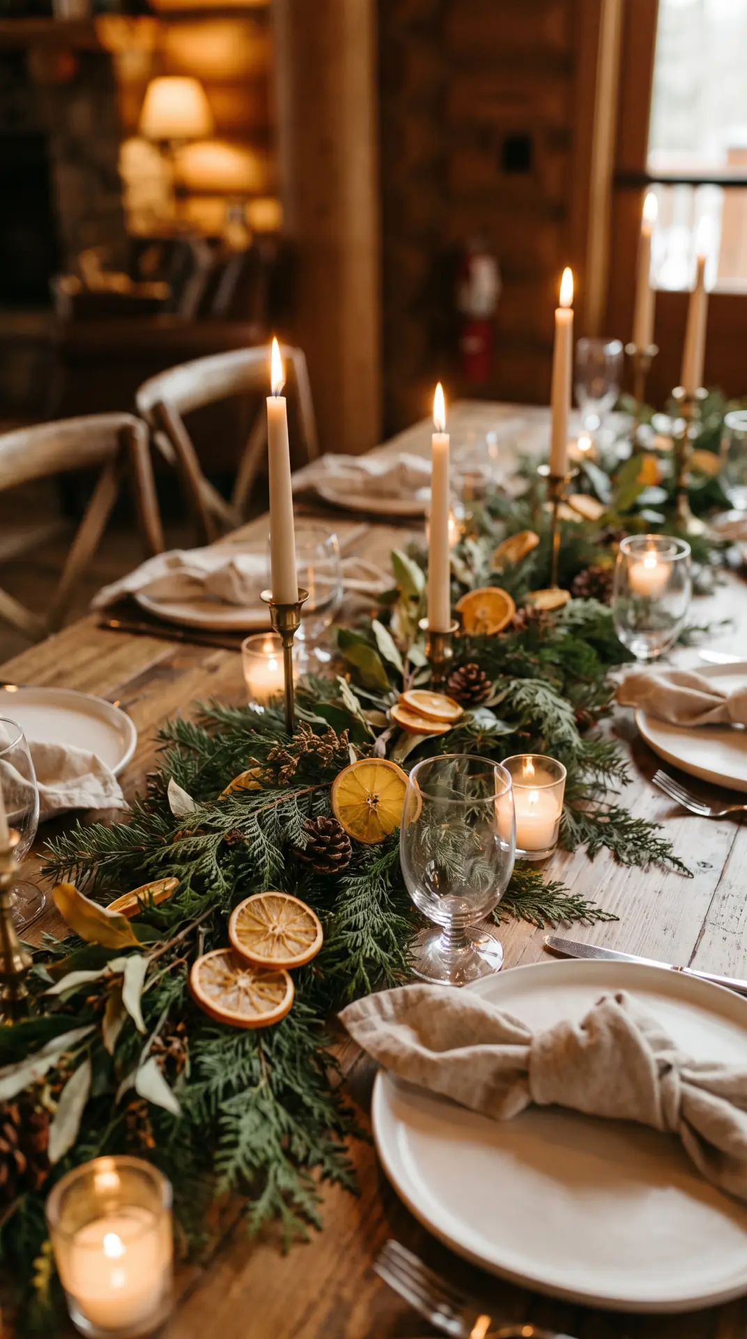 Dried Citrus and Evergreen Tablescape