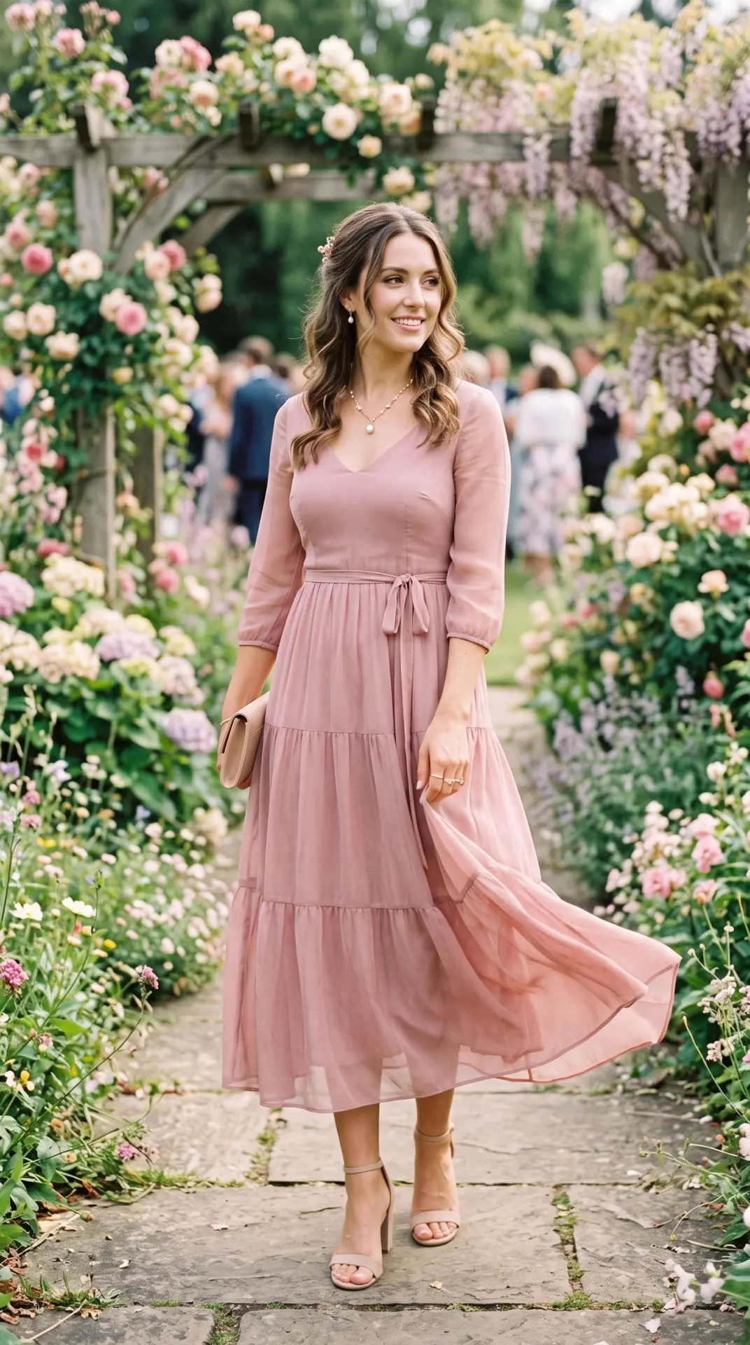 27 Seasonal Wedding Guest Outfit Ideas: Chic Looks for Every Season 20 Dusty Rose Chiffon Midi Dress