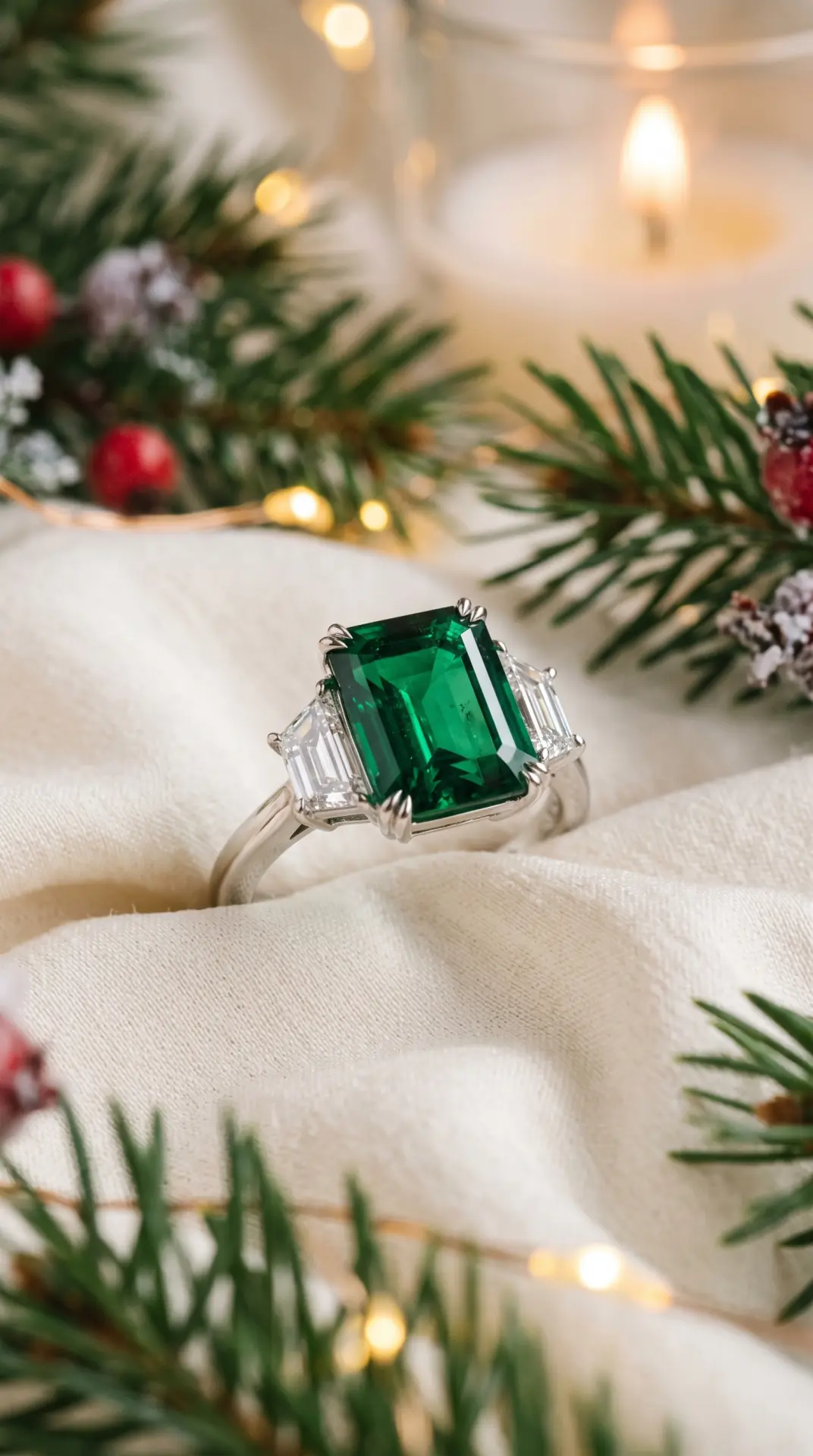 Emerald Center Stone With Diamond Side Stones