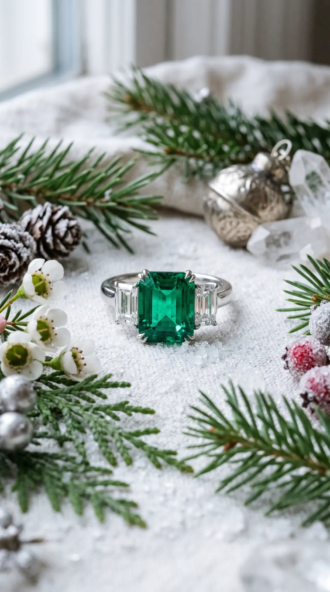 Emerald Center Stone With Festive Diamond Side Stones