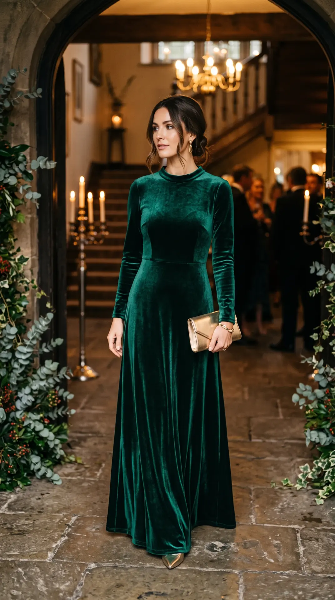20 Cold Weather Wedding Guest Outfit: Chic Looks That Keep You Warm 16 Emerald Velvet Maxi Dress With Metallic Accessories