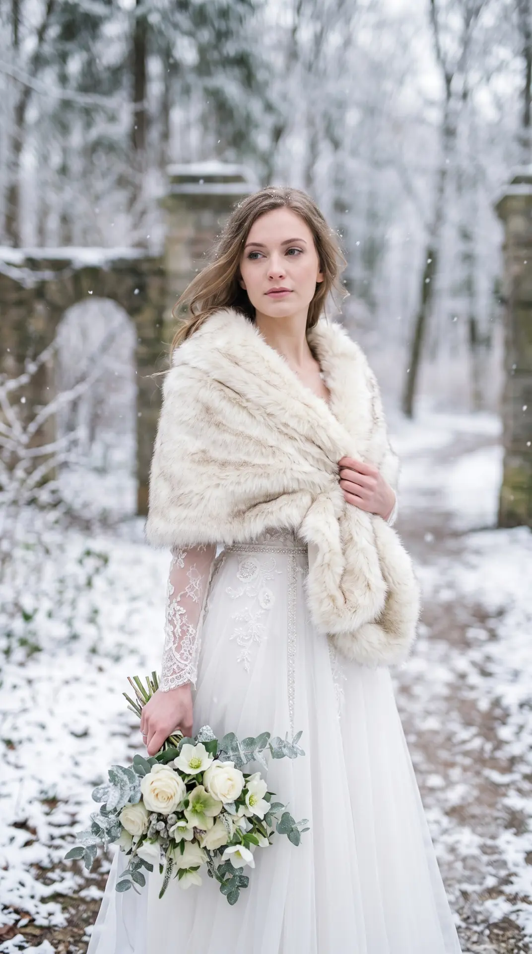 27 December Wedding Ideas That Make Winter Feel Magical 8 Faux-Fur Bridal Wrap