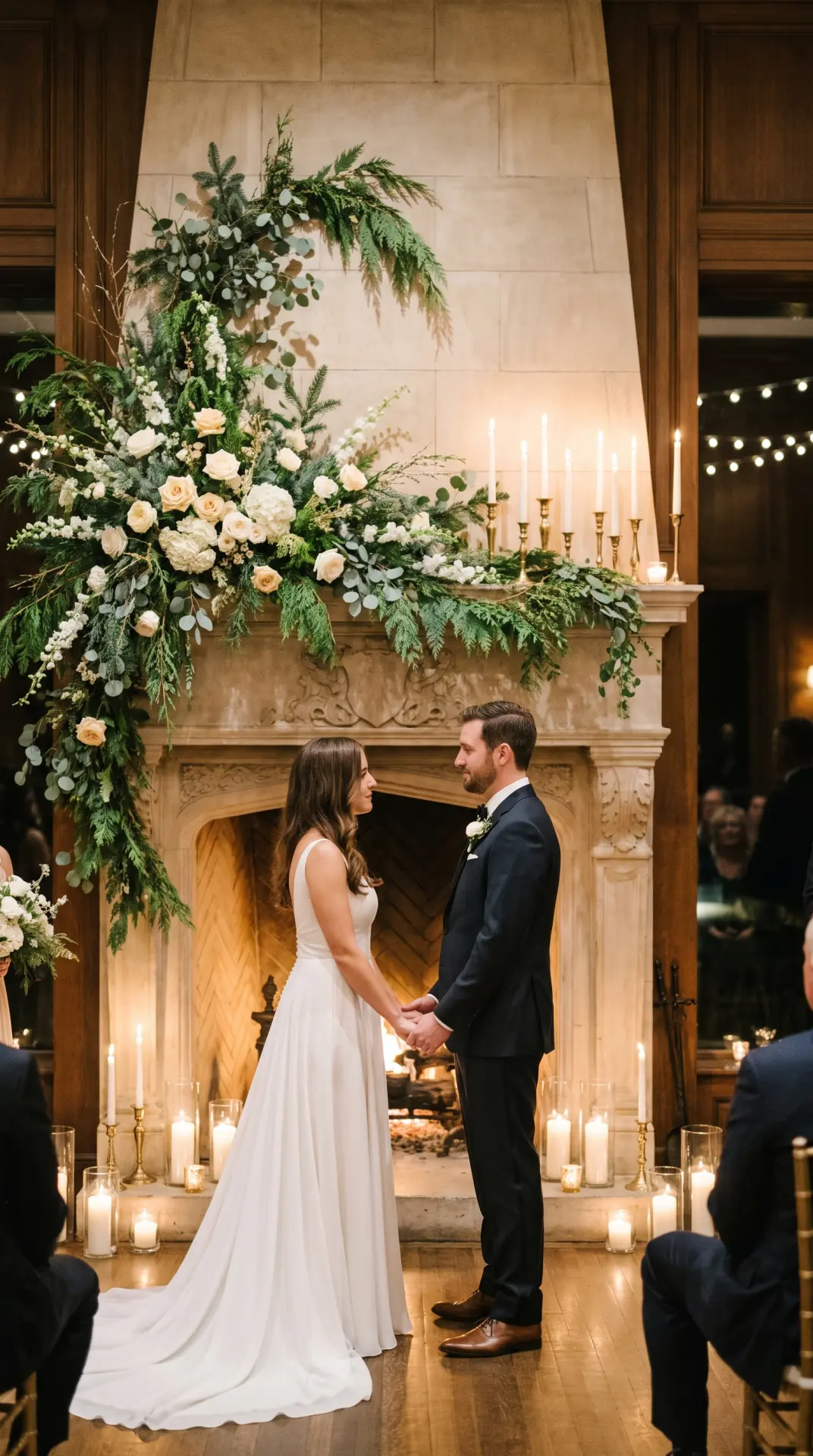 27 December Wedding Ideas That Make Winter Feel Magical 17 Fireplace Ceremony Backdrop