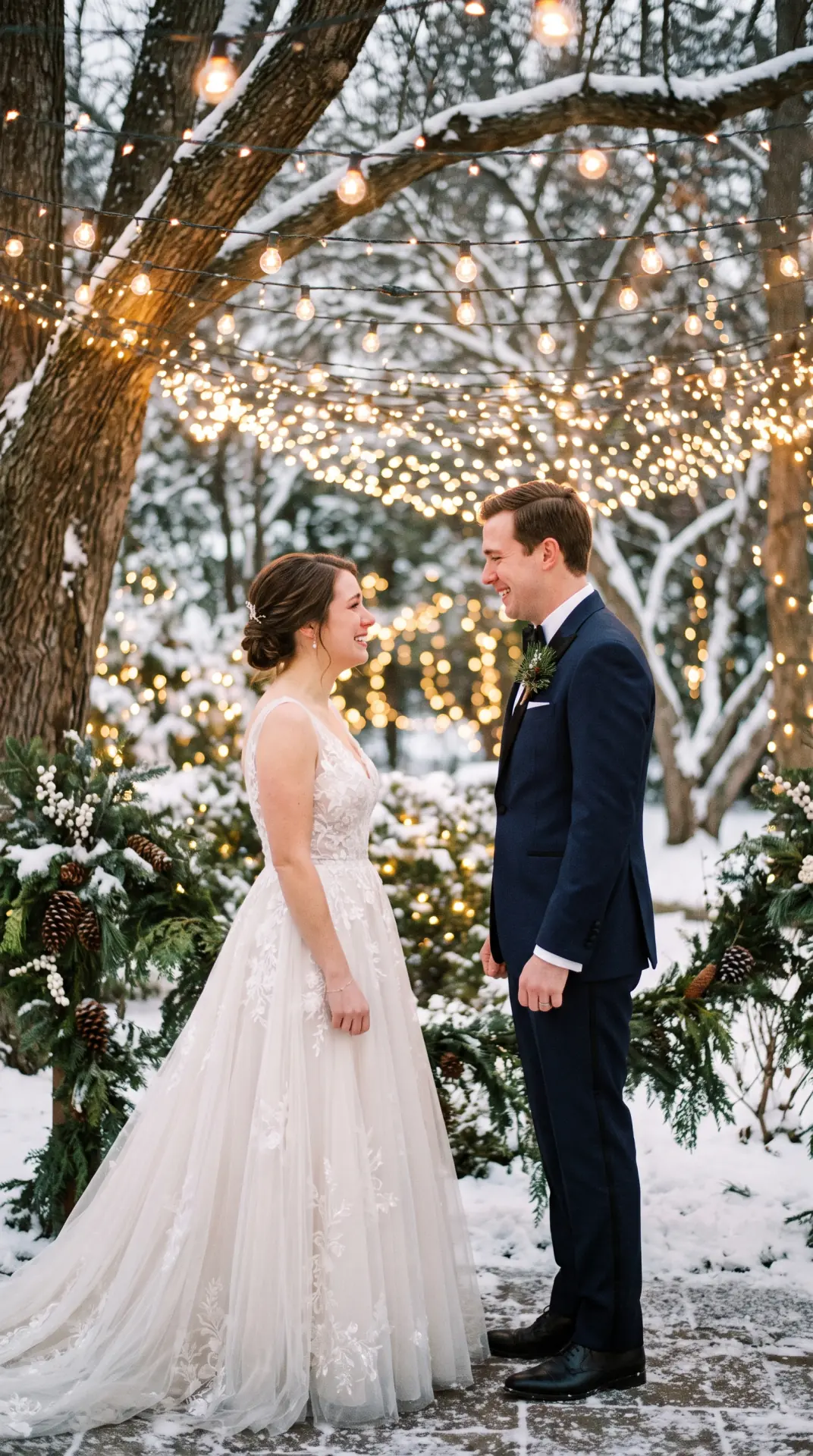 First Look Beneath Twinkling Holiday Lights