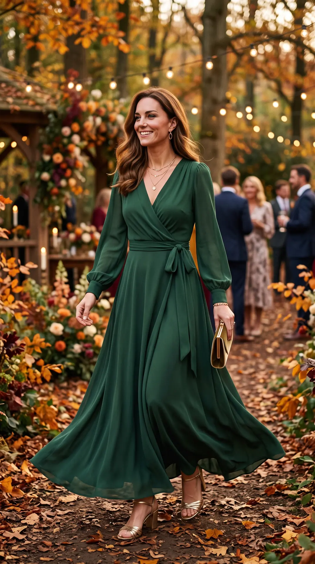 27 Seasonal Wedding Guest Outfit Ideas: Chic Looks for Every Season 14 Forest Green Wrap Maxi Dress