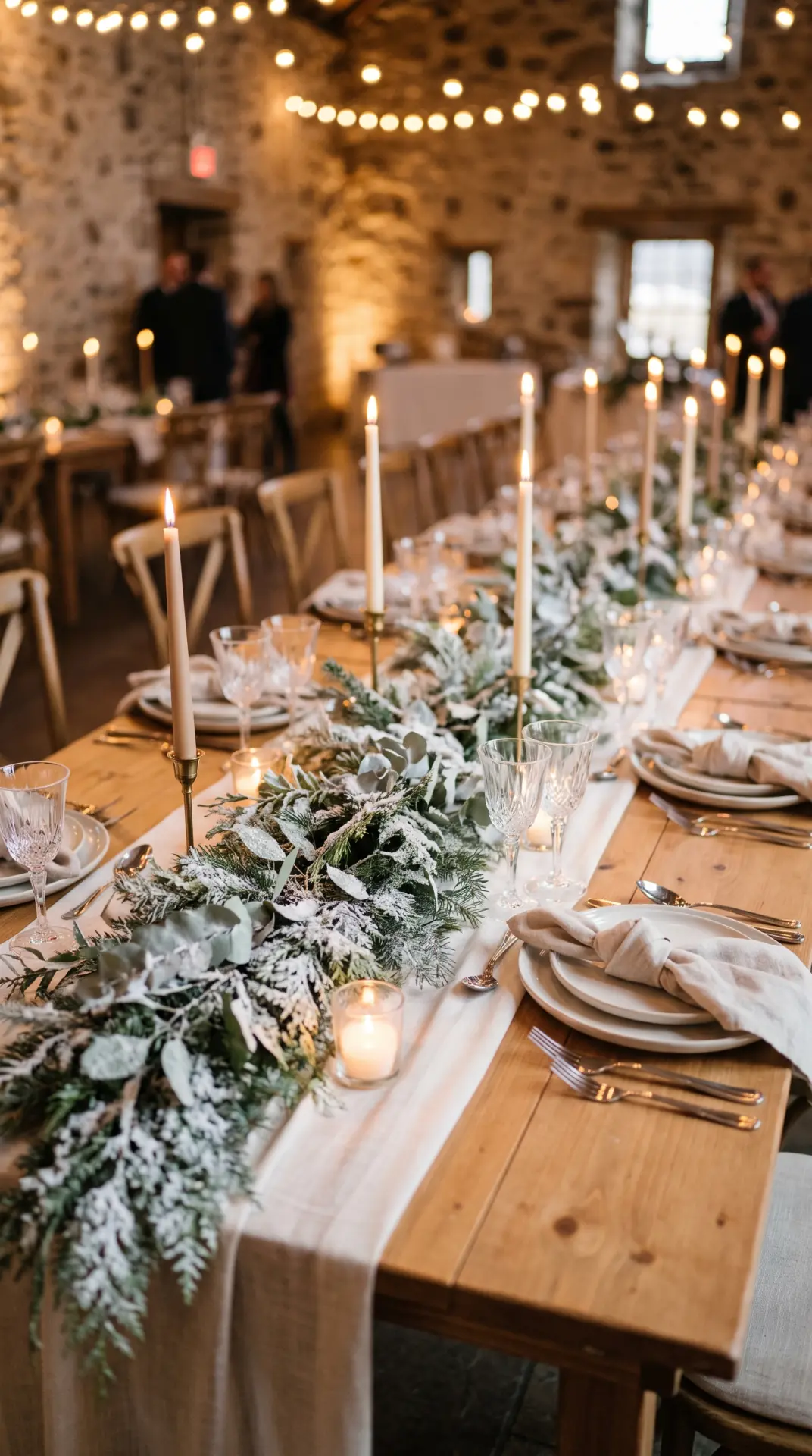 27 December Wedding Ideas That Make Winter Feel Magical 11 Frosted Greenery Table Garland