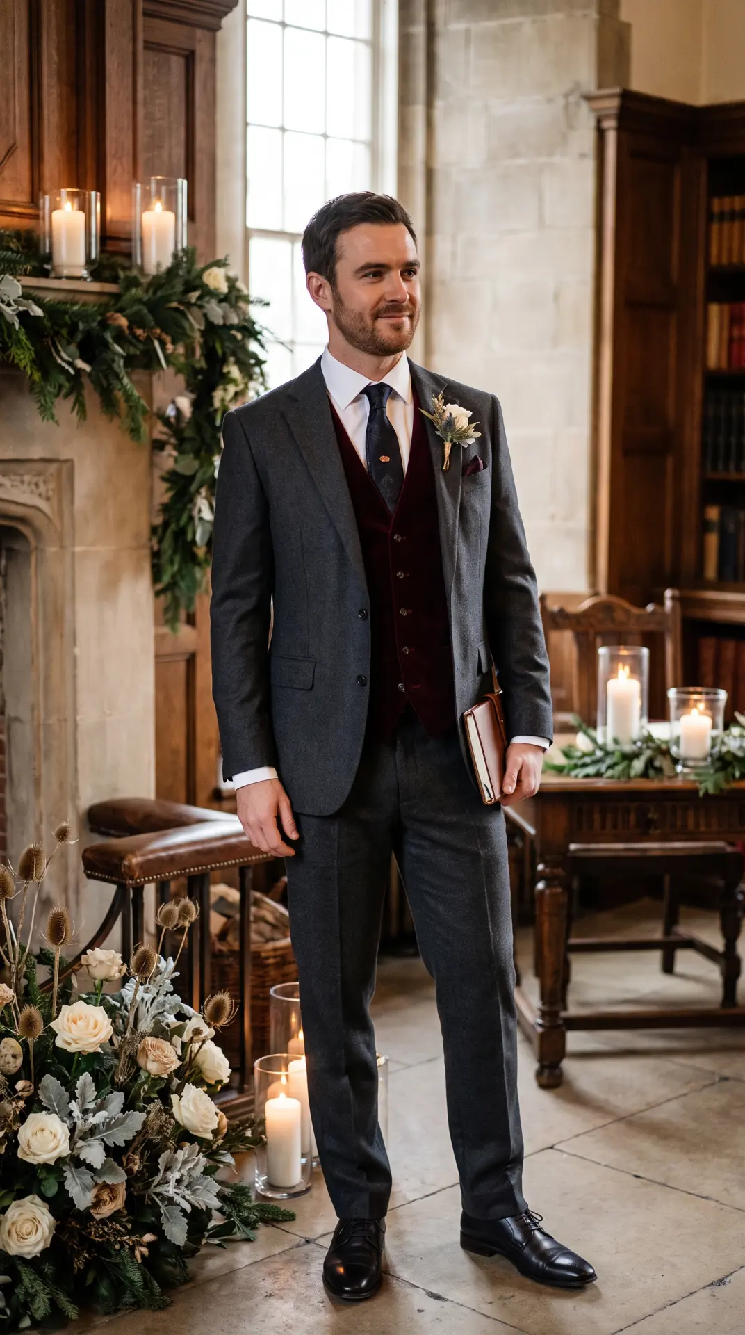 Grey Suit With a Burgundy Waistcoat