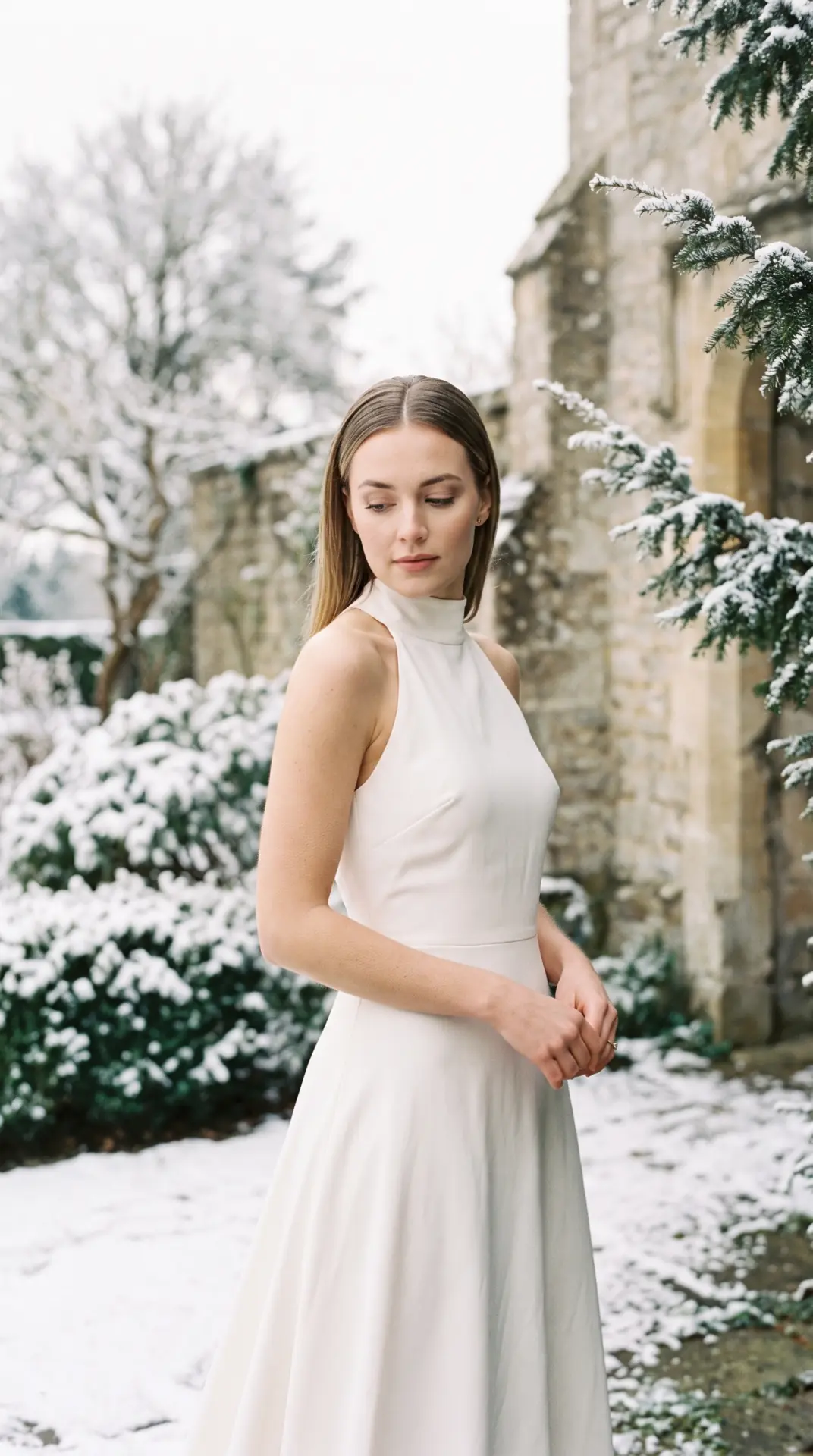 High-Neck Crepe Wedding Dress
