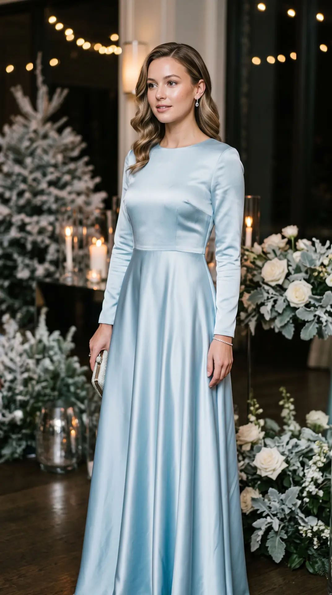 27 Seasonal Wedding Guest Outfit Ideas: Chic Looks for Every Season 27 Ice Blue Long-Sleeve Satin Gown