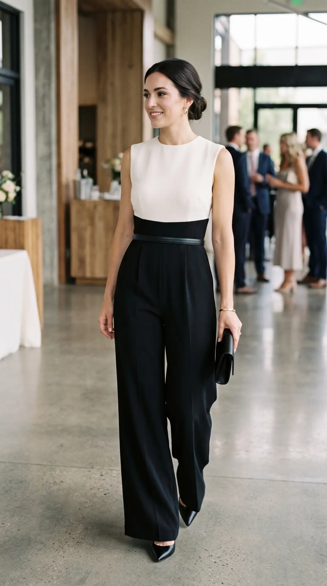 27 Seasonal Wedding Guest Outfit Ideas: Chic Looks for Every Season 19 Ivory and Black Tailored Jumpsuit