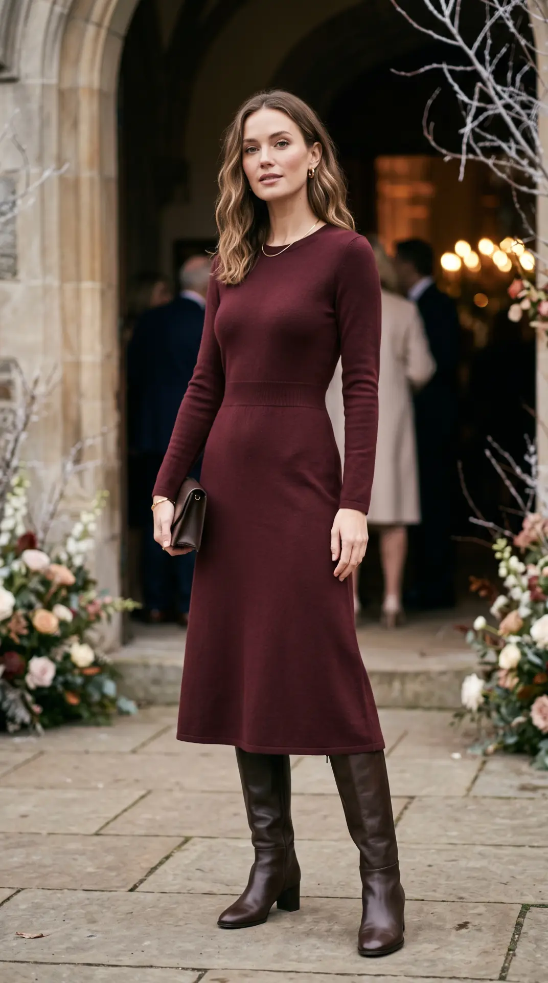 20 Cold Weather Wedding Guest Outfit: Chic Looks That Keep You Warm 5 Knit Midi Dress With Knee-High Boots