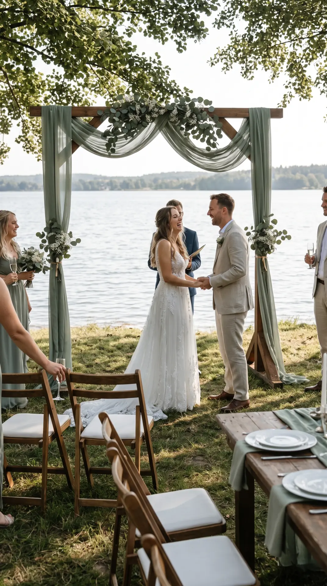 25 Seasonal Real Wedding Inspiration for Every Kind of Celebration 17 Lakeside Summer Wedding With Sage and White: A lakeside summer wedding feels calm and effortless with sage green, crisp white, natural wood, and understated floral details. Open water creates a clean visual horizon while light fabrics and loose greenery introduce gentle movement throughout the ceremony and reception. ...