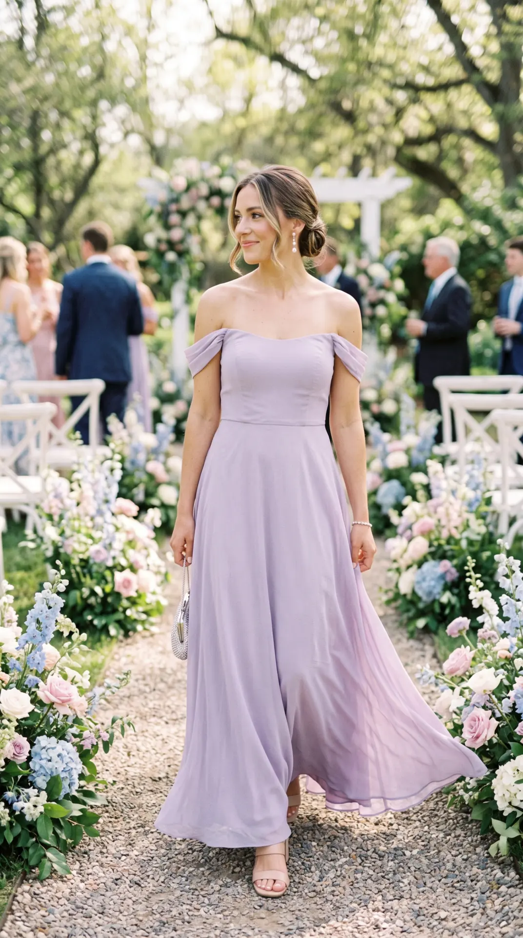 27 Seasonal Wedding Guest Outfit Ideas: Chic Looks for Every Season 21 Lavender Off-Shoulder Maxi Dress
