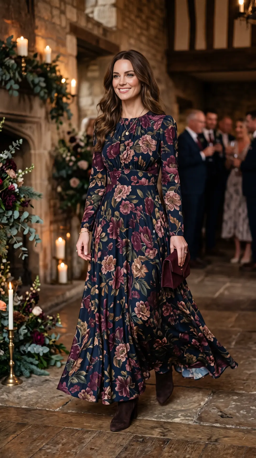 20 Cold Weather Wedding Guest Outfit: Chic Looks That Keep You Warm 11 Long-Sleeve Floral Maxi Dress With Boots