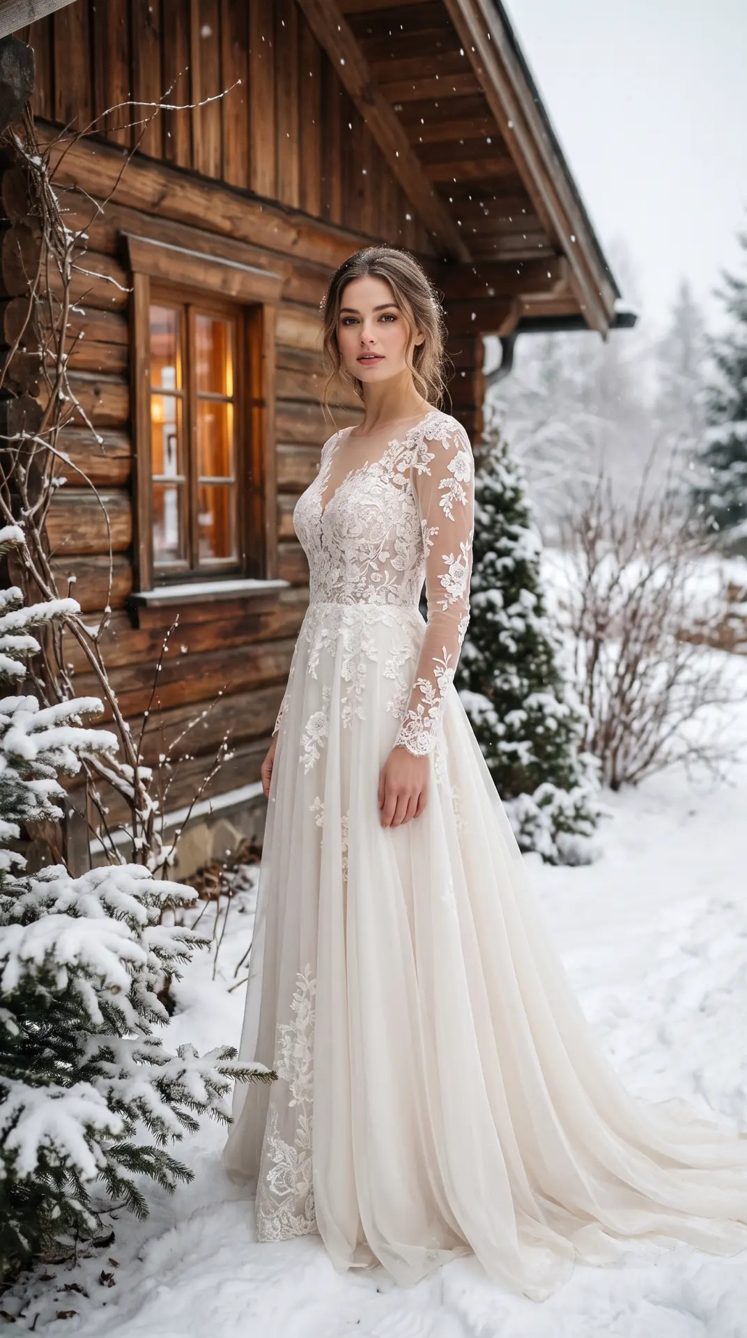 Long-Sleeve Lace A-Line Gown