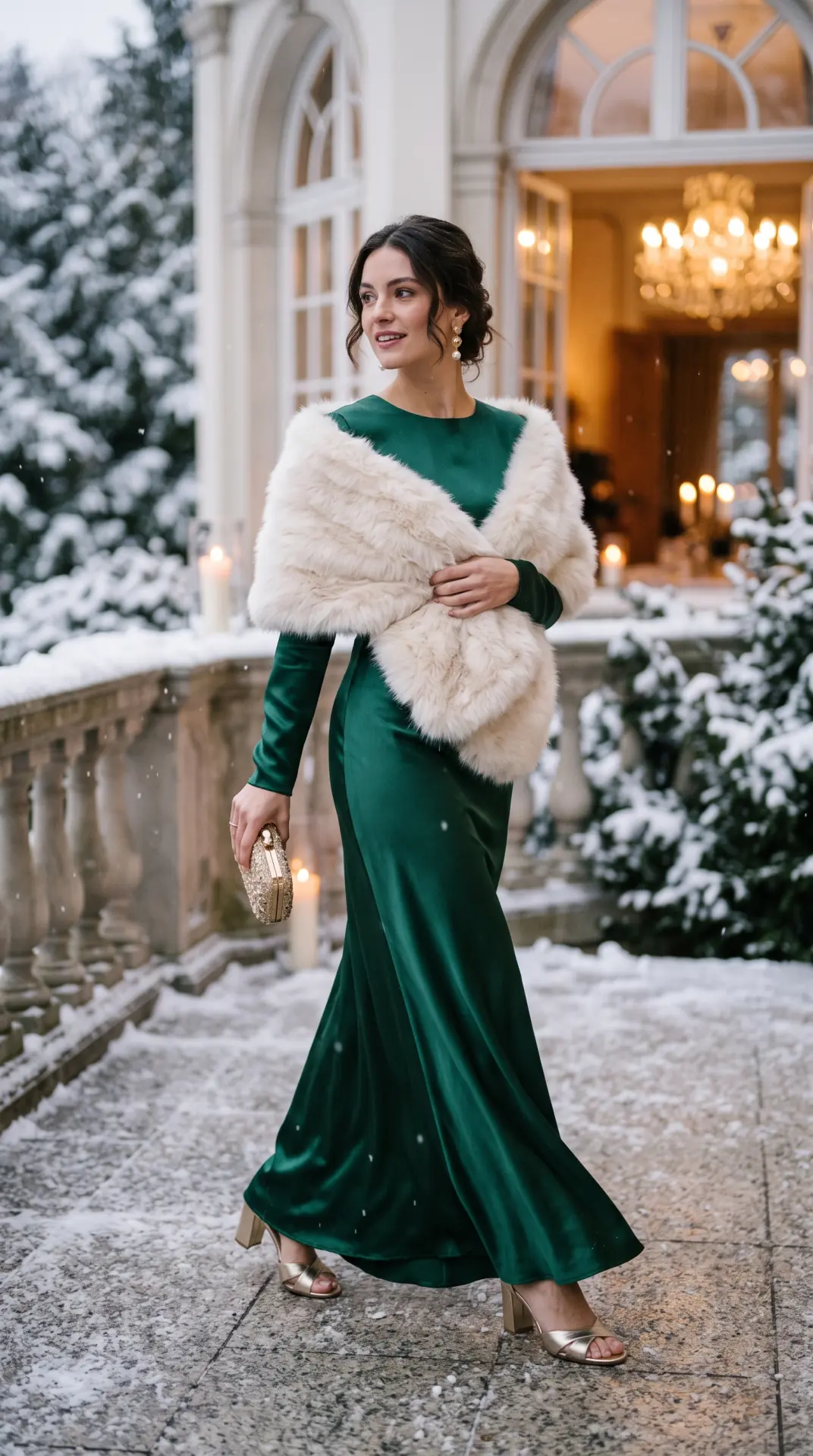 20 Cold Weather Wedding Guest Outfit: Chic Looks That Keep You Warm 3 Long-Sleeve Satin Dress With Faux-Fur Wrap