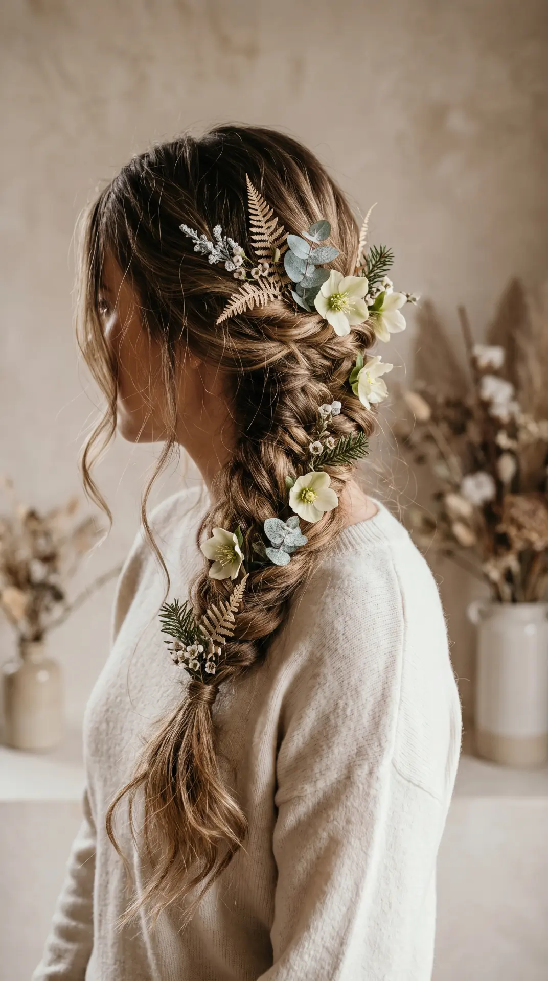 Loose Fishtail Braid With Winter Florals