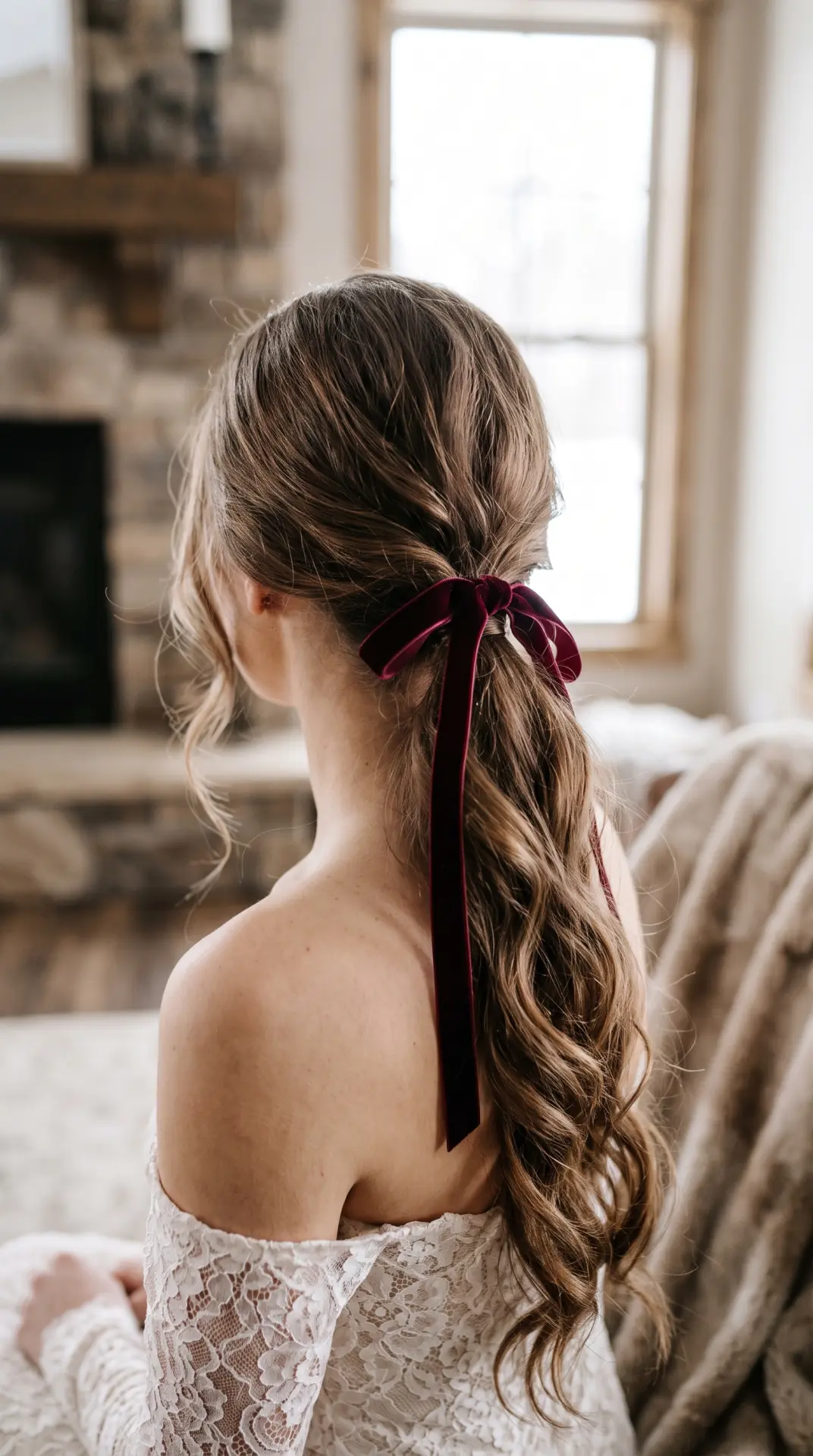 Loose Low Ponytail With Velvet Ribbon