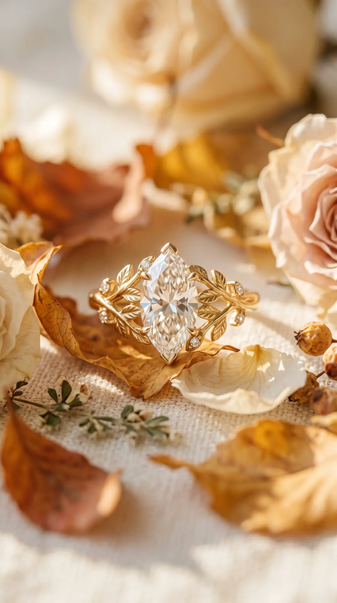 Marquise Diamond With Golden Leaf-Inspired Accents