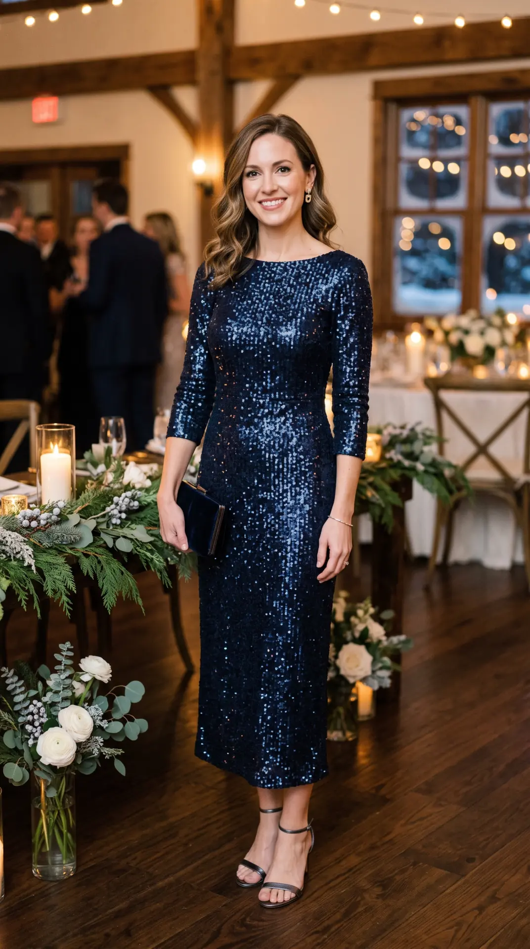 27 Seasonal Wedding Guest Outfit Ideas: Chic Looks for Every Season 10 Midnight Navy Sequin Midi Dress