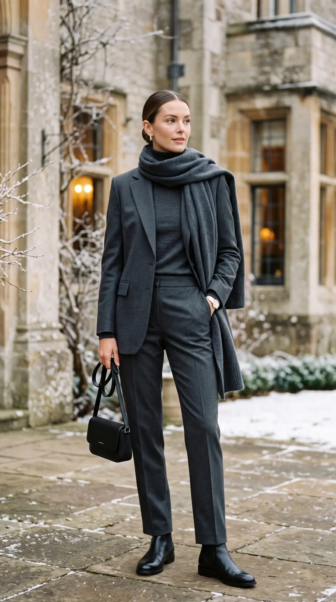 20 Cold Weather Wedding Guest Outfit: Chic Looks That Keep You Warm 19 Monochrome Trouser Suit With Wool Scarf
