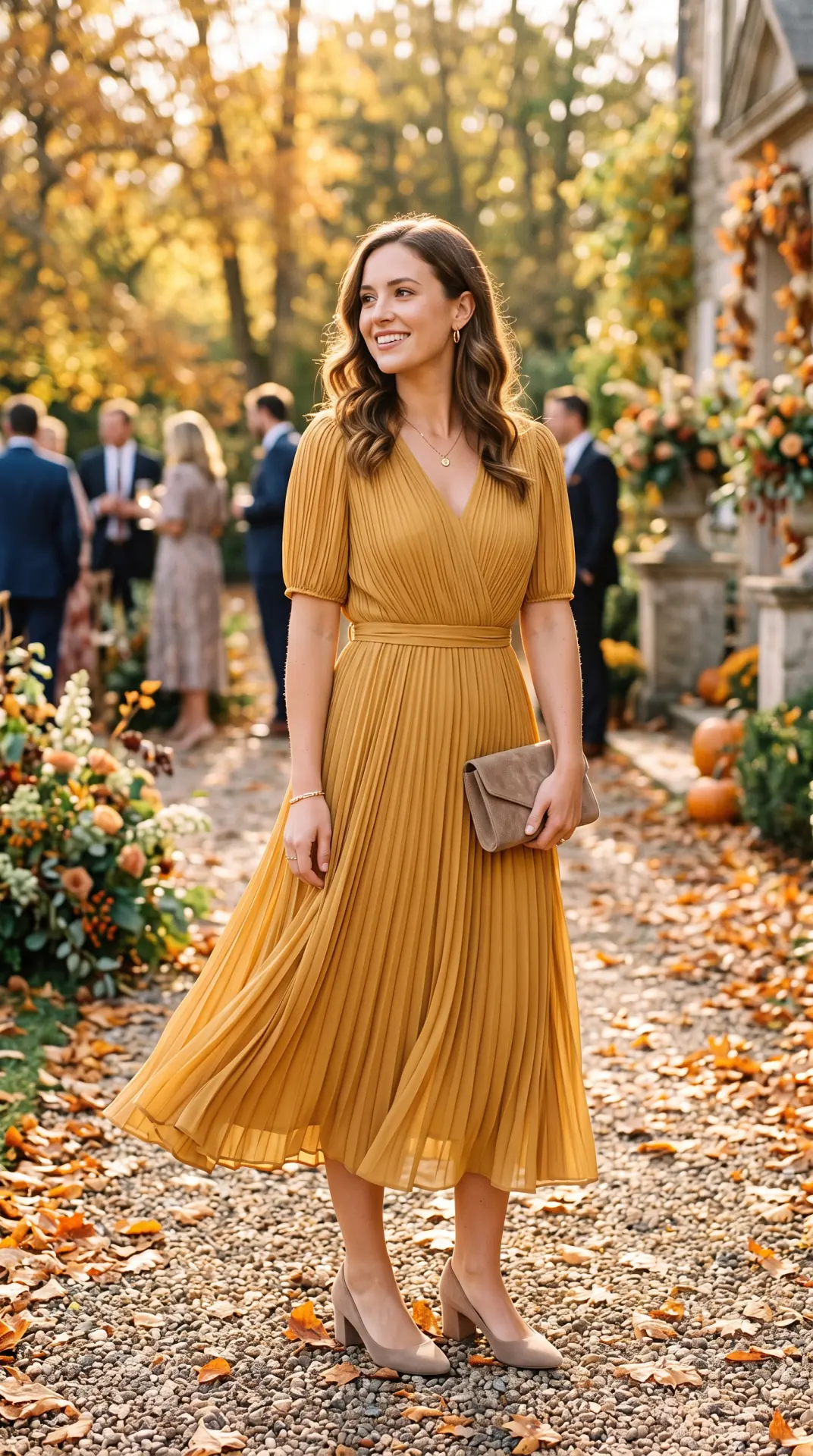 27 Seasonal Wedding Guest Outfit Ideas: Chic Looks for Every Season 13 Mustard Pleated Midi Dress