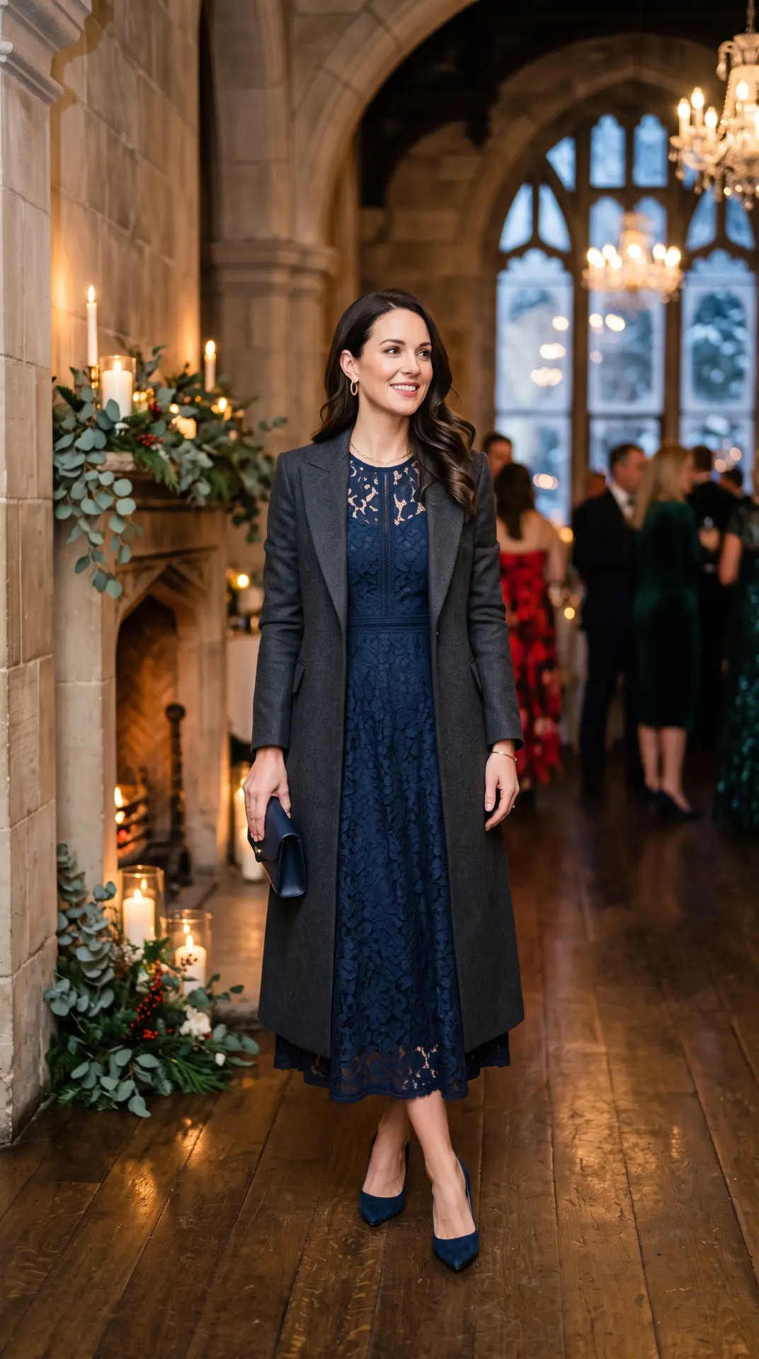 20 Cold Weather Wedding Guest Outfit: Chic Looks That Keep You Warm 20 Navy Lace Midi Dress With Long Wool Coat