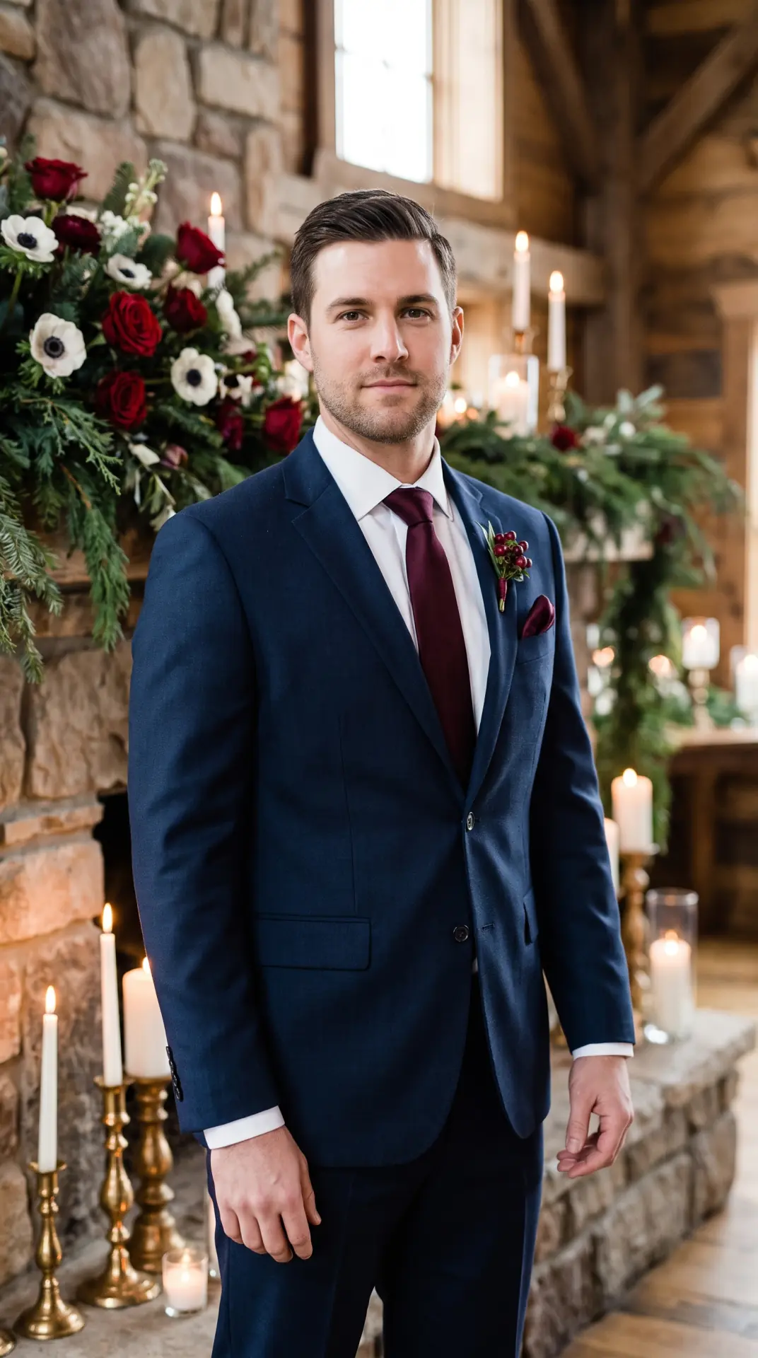 Navy Suit With Burgundy Accessories
