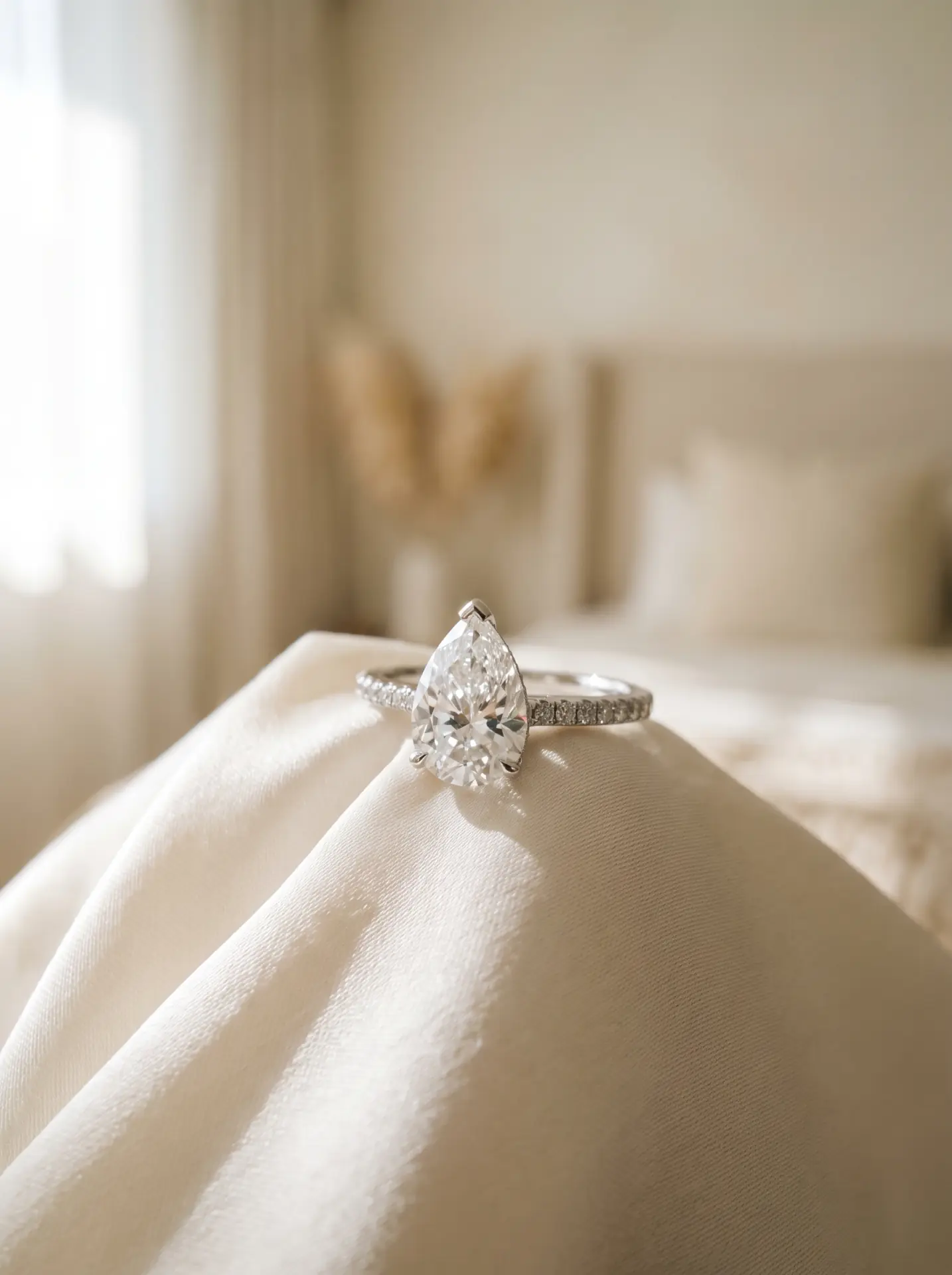 20 Winter Proposal Ring Ideas With a Romantic, Frost-Kissed Feel 3 Pear-Cut Diamond With Pavé Shoulders