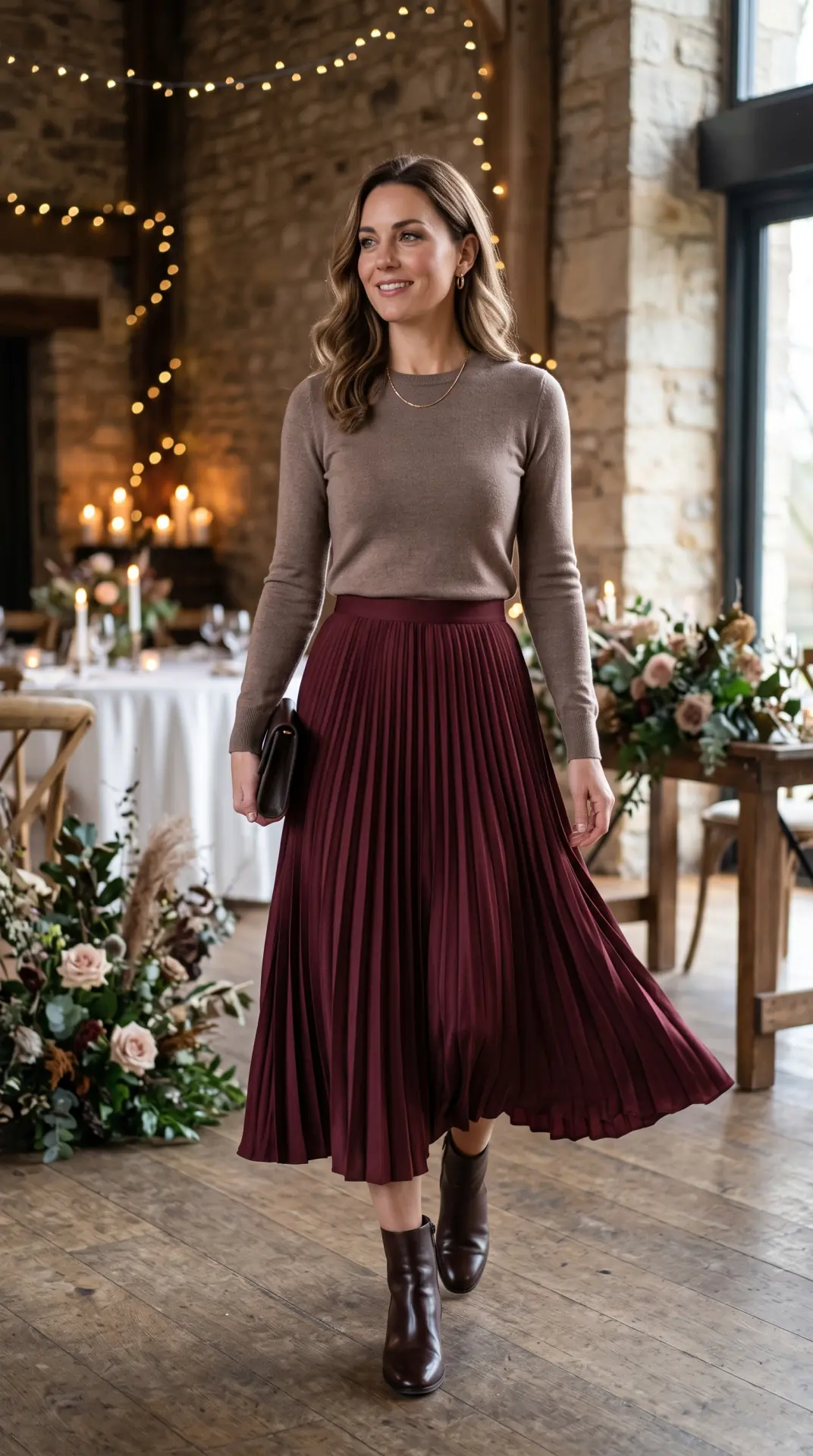 20 Cold Weather Wedding Guest Outfit: Chic Looks That Keep You Warm 8 Pleated Midi Skirt With a Fitted Sweater