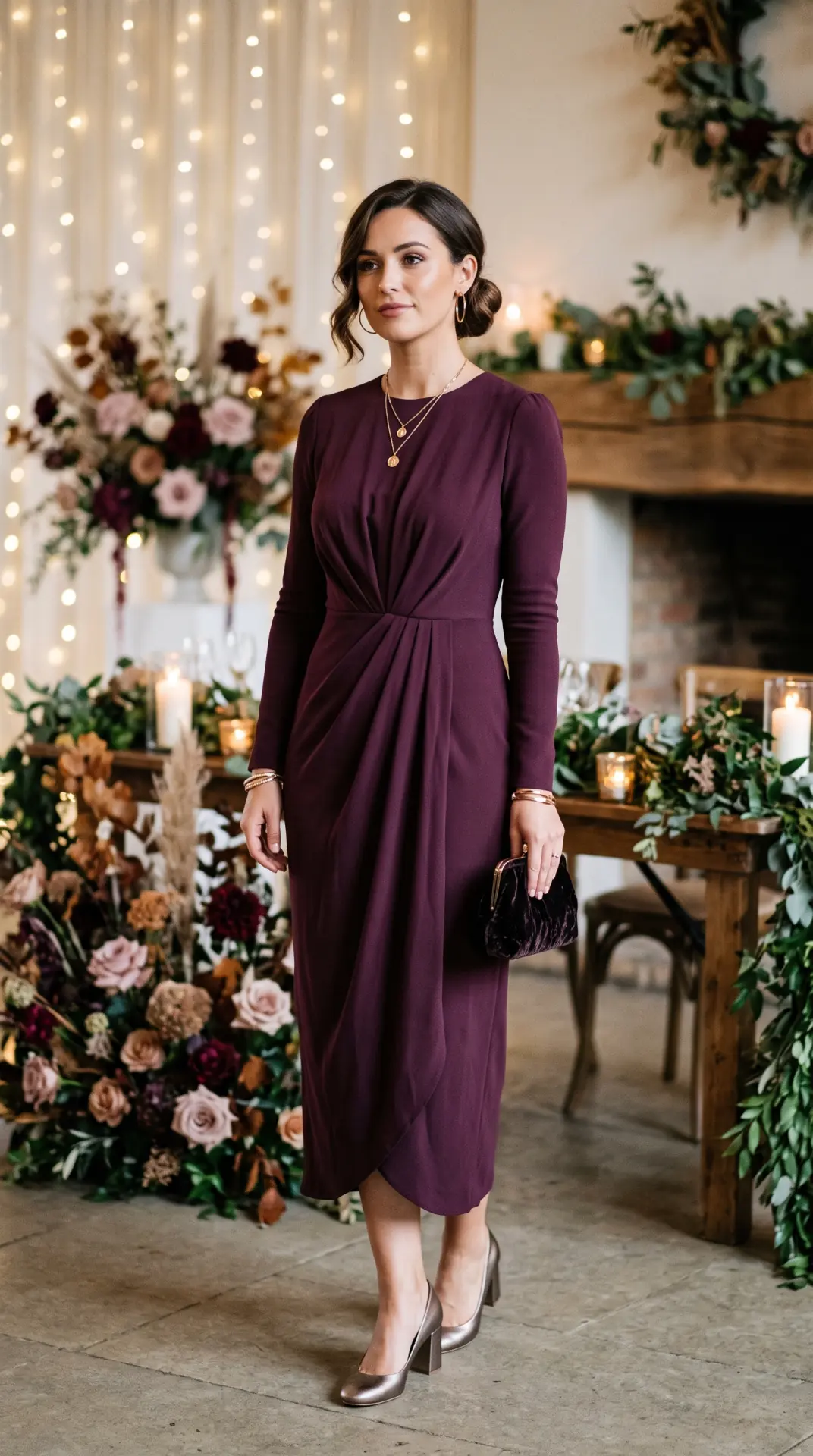 27 Seasonal Wedding Guest Outfit Ideas: Chic Looks for Every Season 11 Plum Draped Midi Dress With Long Sleeves