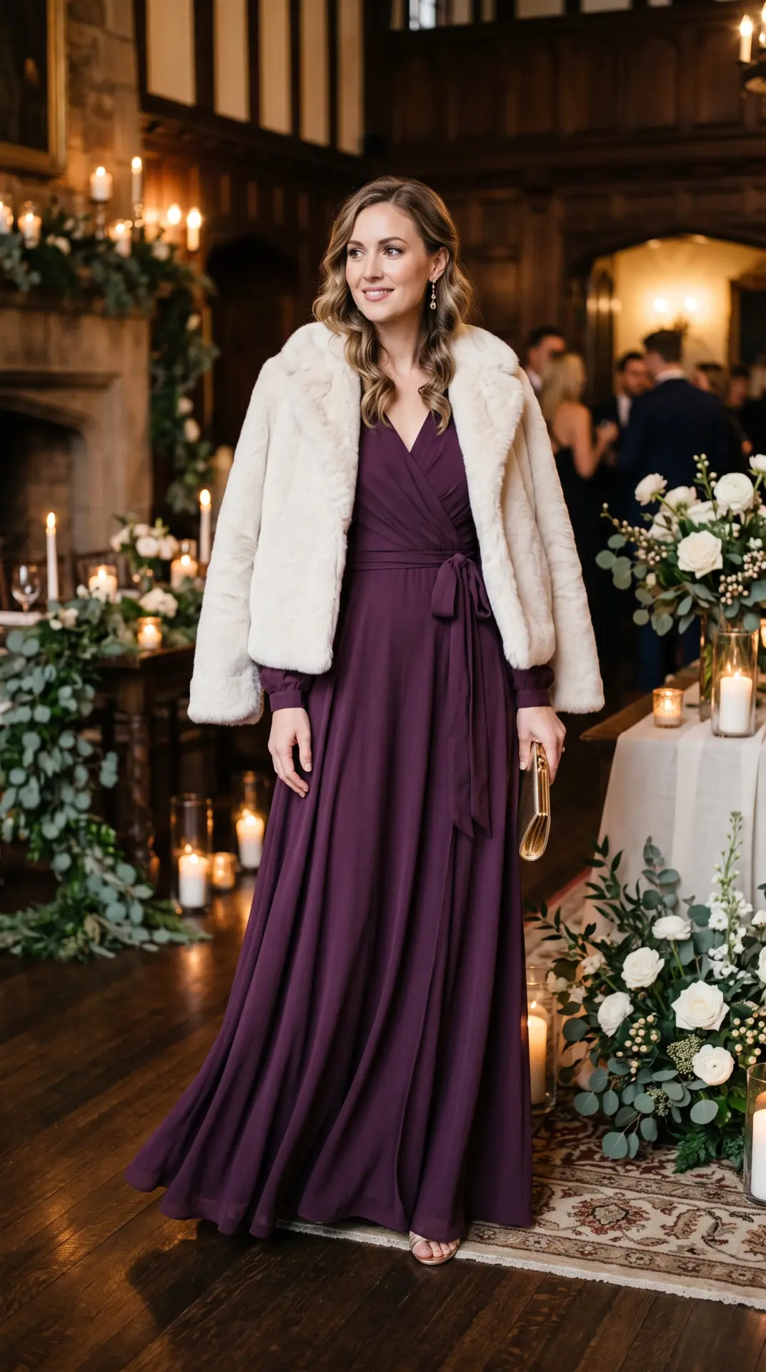 20 Cold Weather Wedding Guest Outfit: Chic Looks That Keep You Warm 18 Plum Wrap Maxi Dress With Faux-Fur Jacket