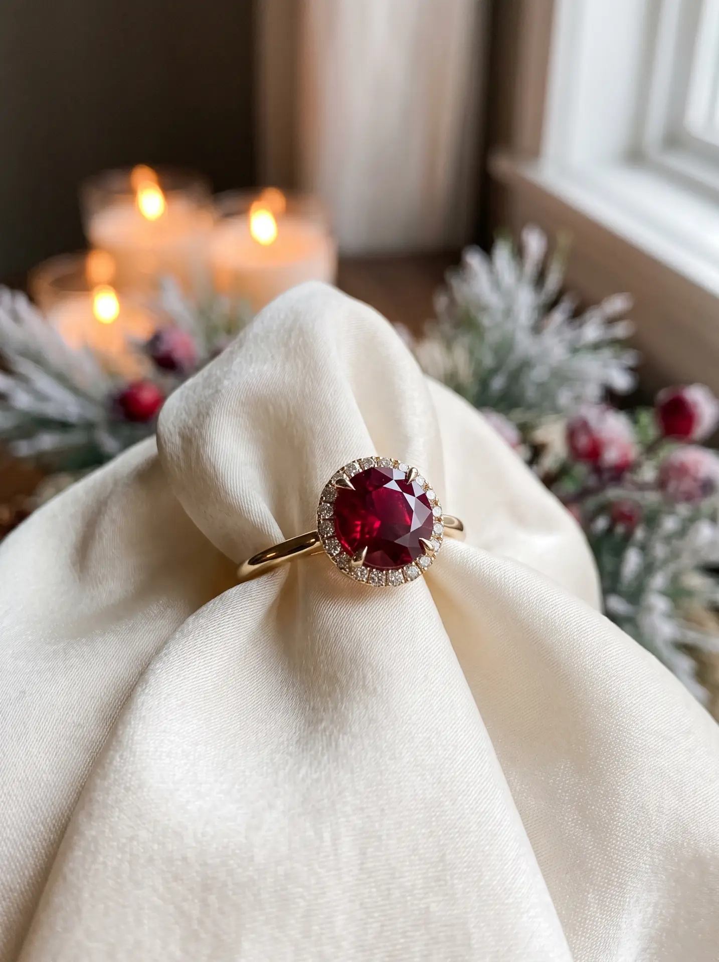 20 Winter Proposal Ring Ideas With a Romantic, Frost-Kissed Feel 14 Ruby Center Stone With Diamond Halo